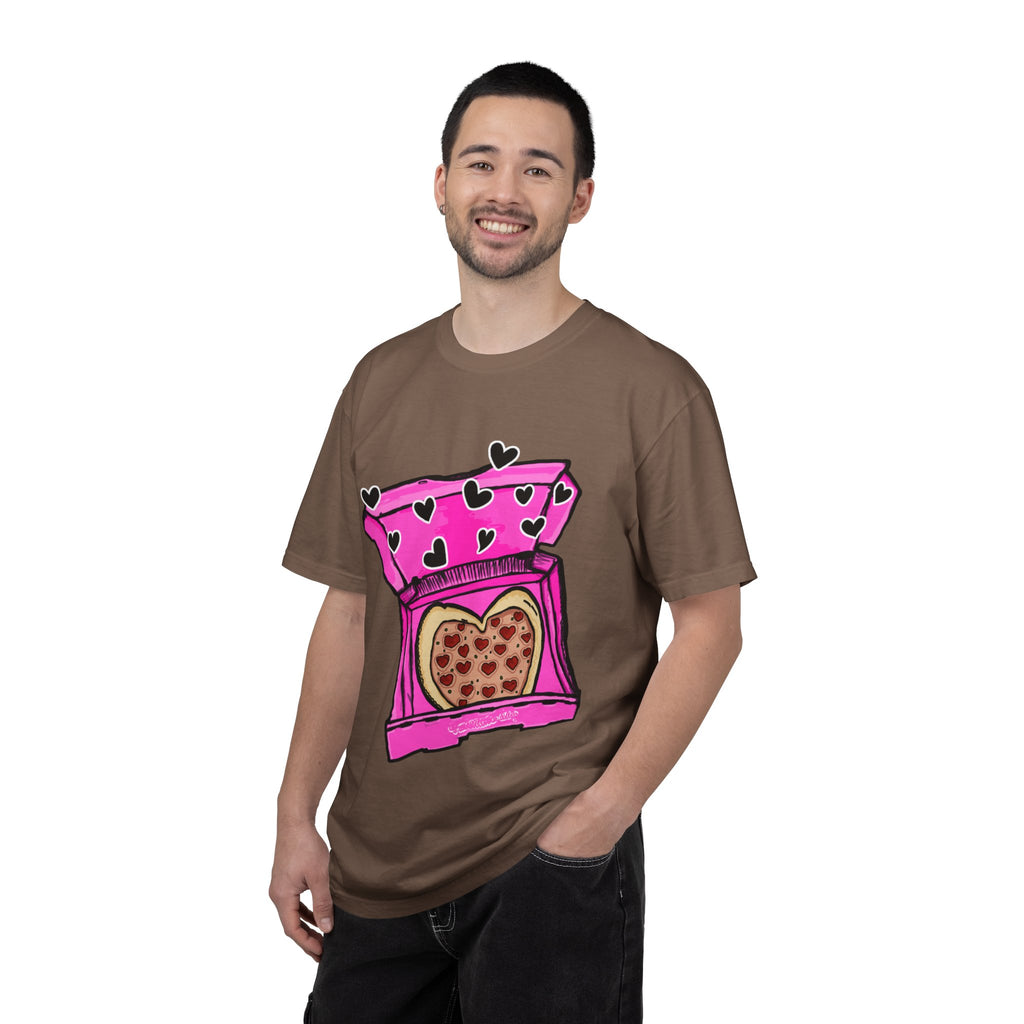Hand-drawn heart pizza box t-shirt with pink pizza box, heart-shaped pepperoni pizza and floating black hearts on Comfort Color tee from PizzaBytes collection
