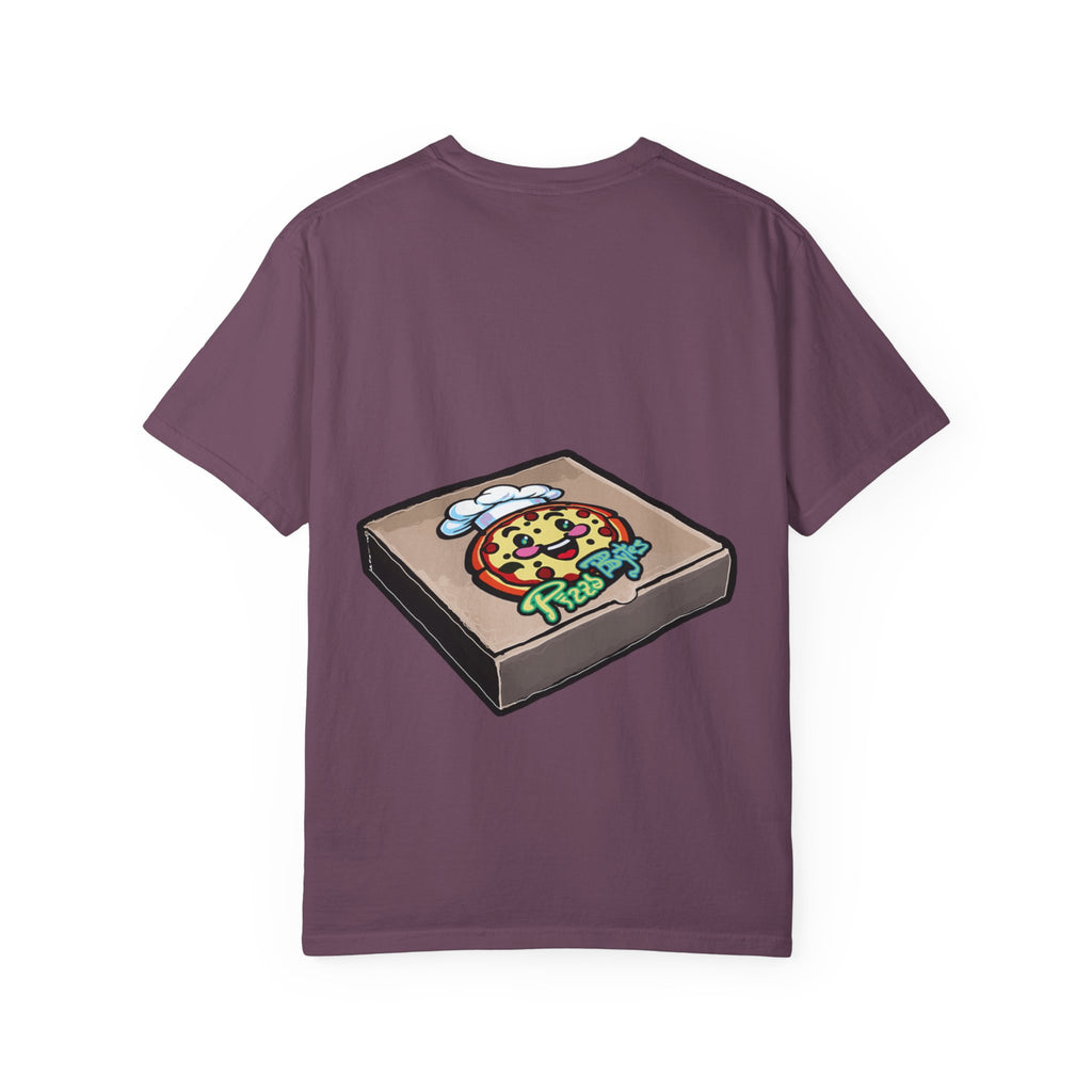 Hand-drawn pepperoni bacon pineapple pizza box t-shirt showing open pizza box with pepperoni, bacon and pineapple pizza from PizzaBytes collection

