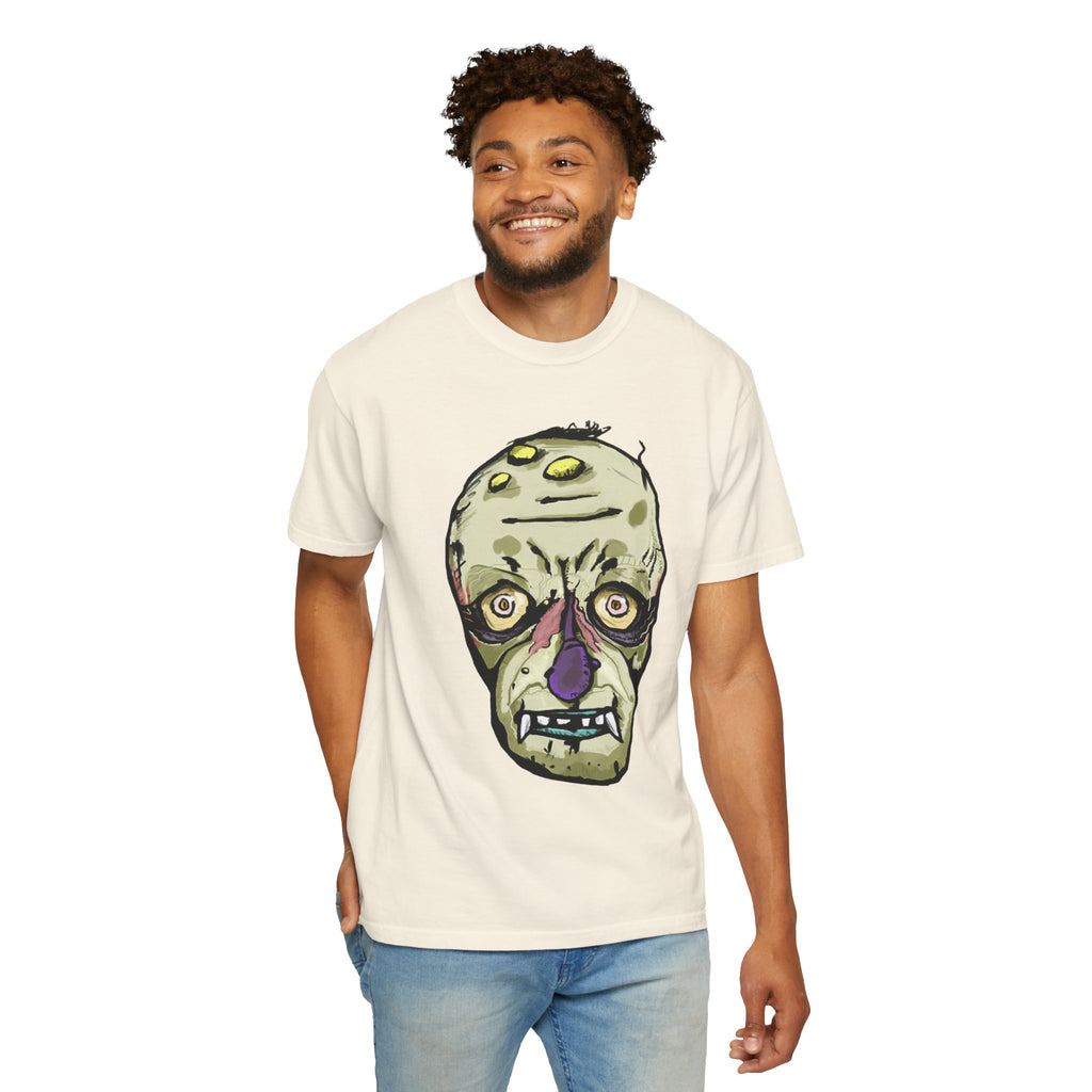 Freaky Features Gremlin t-shirt, front shows grotesque gremlin head with yellow hair and long tongue, back shows open pizza box with wrapped gift inside

