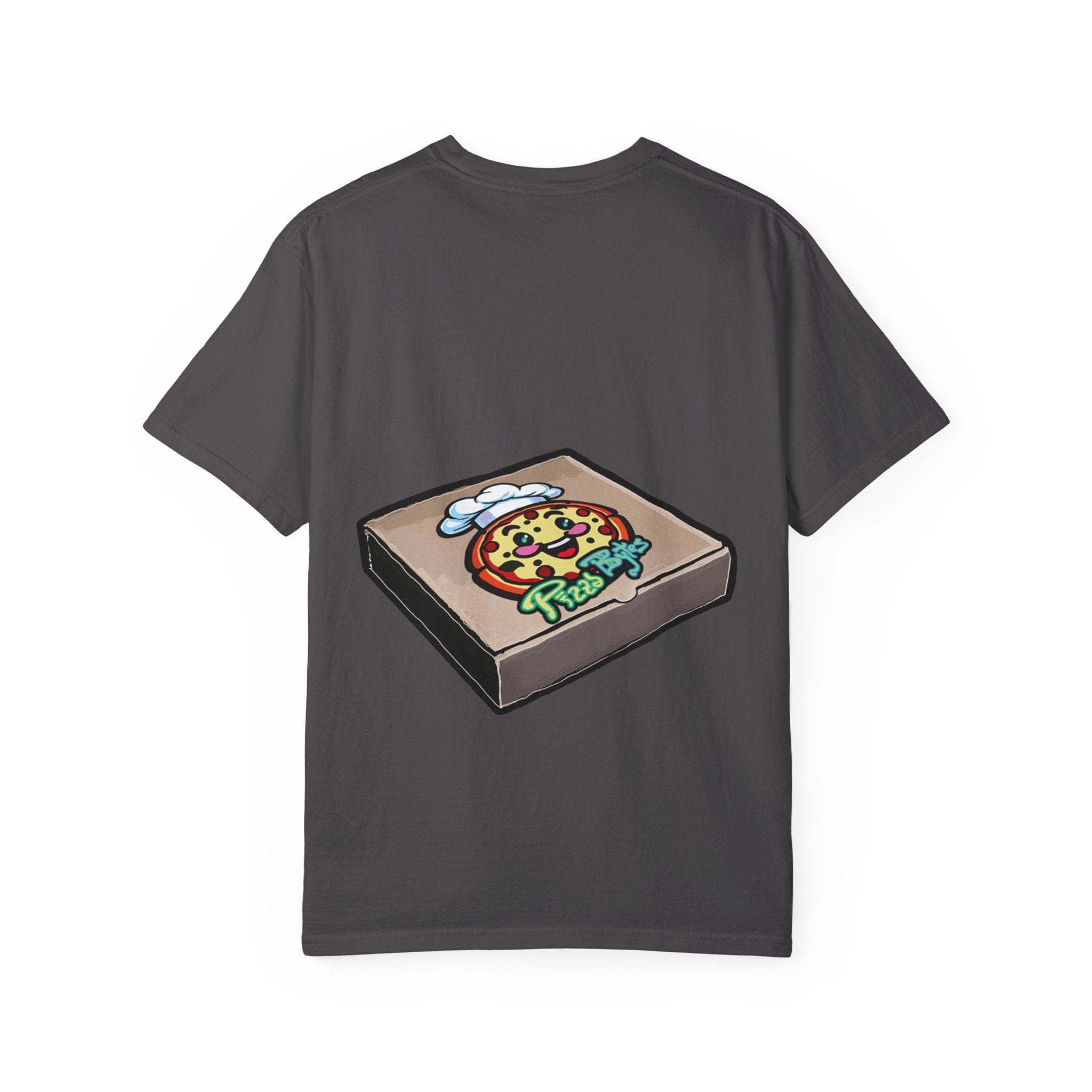 Hand-drawn gift pizza box t-shirt showing open pizza box with blue polka-dotted wrapped gift and red bow on Comfort tee from PizzaBytes collection
