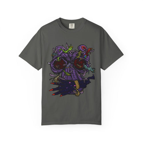 Freaky Features Alien t-shirt, front shows chaotic purple alien tentacles and insect swarm, back shows open pizza box designed as retro TV with pepperoni pizza inside


