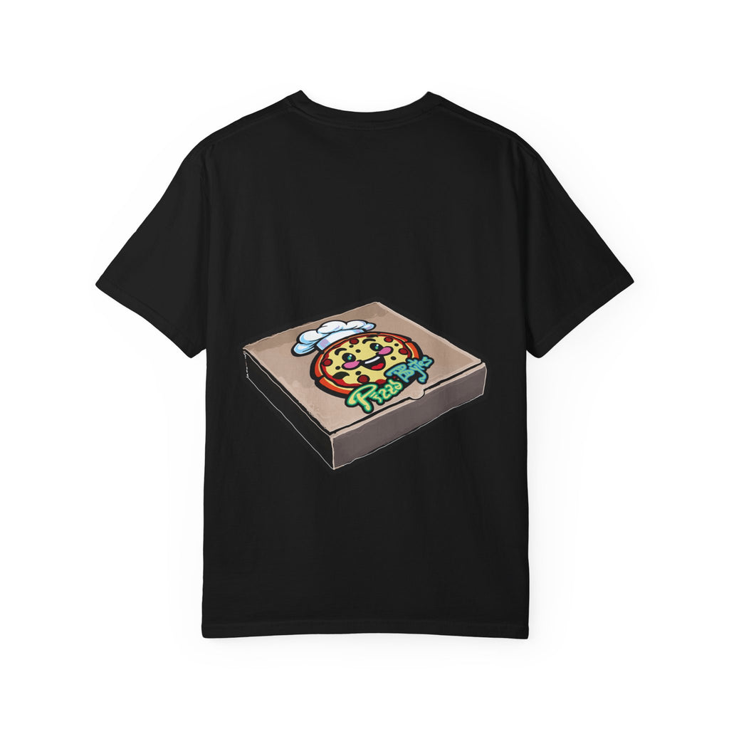 Hand-drawn swirl hypno pizza box t-shirt showing open pizza box with hypnotic spiral pattern from PizzaBytes collection
