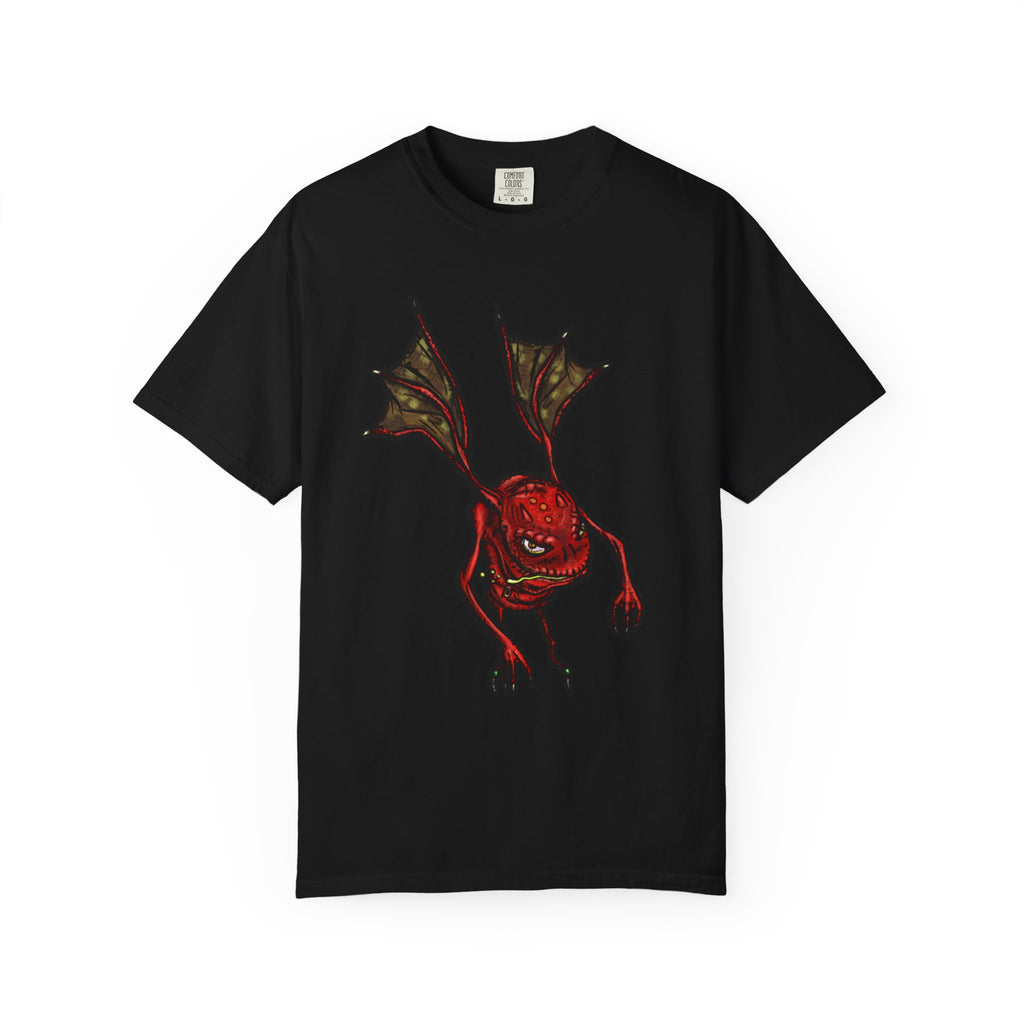 Freaky Features Fire Imp t-shirt, front shows a red bat-winged fire imp, back shows a monster-headed pizza box being raided by little red devils 
