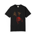 Freaky Features Fire Imp t-shirt, front shows a red bat-winged fire imp, back shows a monster-headed pizza box being raided by little red devils 
