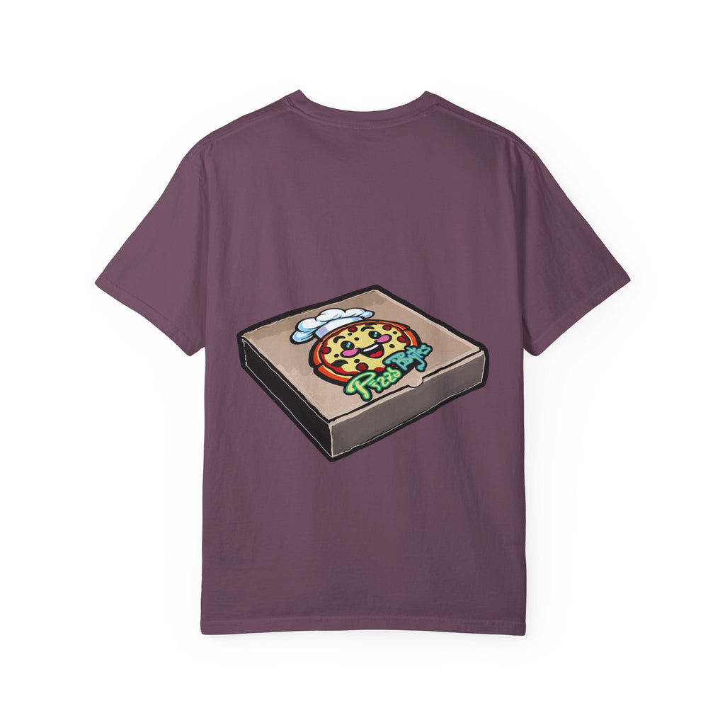 Hand-drawn pepperoni and bullets pizza box t-shirt showing open pizza box with pepperoni pizza surrounded by bullets from PizzaBytes collection


