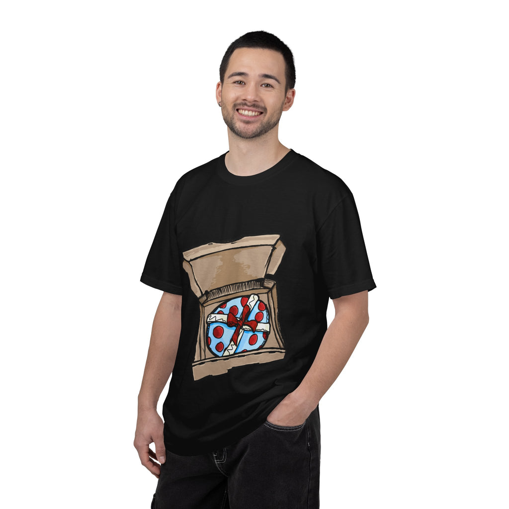Hand-drawn gift pizza box t-shirt showing open pizza box with blue polka-dotted wrapped gift and red bow on Comfort tee from PizzaBytes collection
