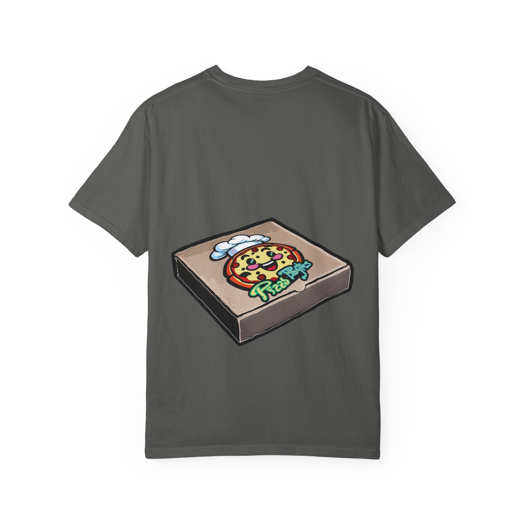 Hand-drawn NFT pizza box t-shirt showing open pizza box with NFT note and #PB pizza drawing from PizzaBytes collection

