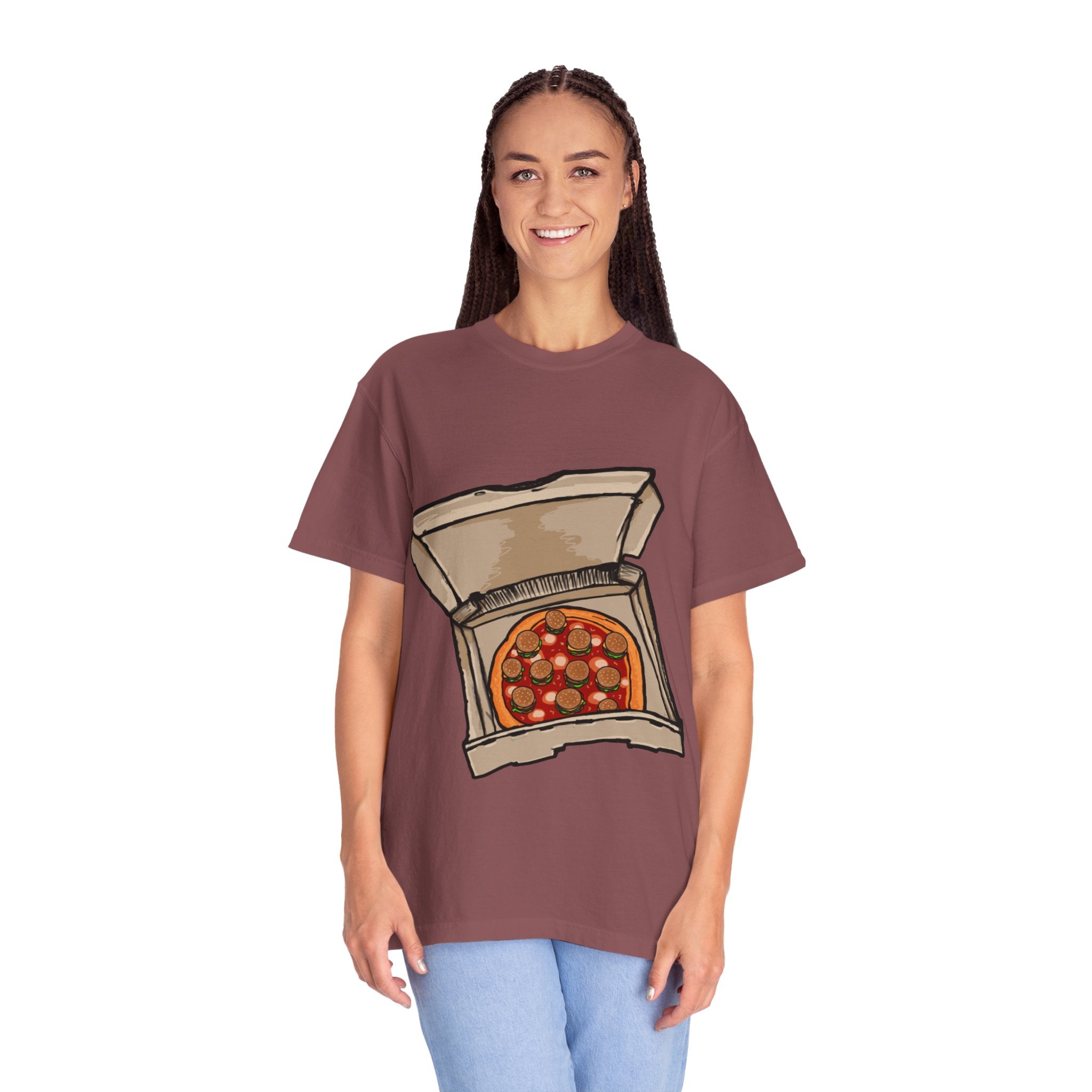 Hand-drawn burger pizza box t-shirt showing open pizza box with pepperoni pizza topped with mini cheeseburgers on Comfort tee from PizzaBytes collection