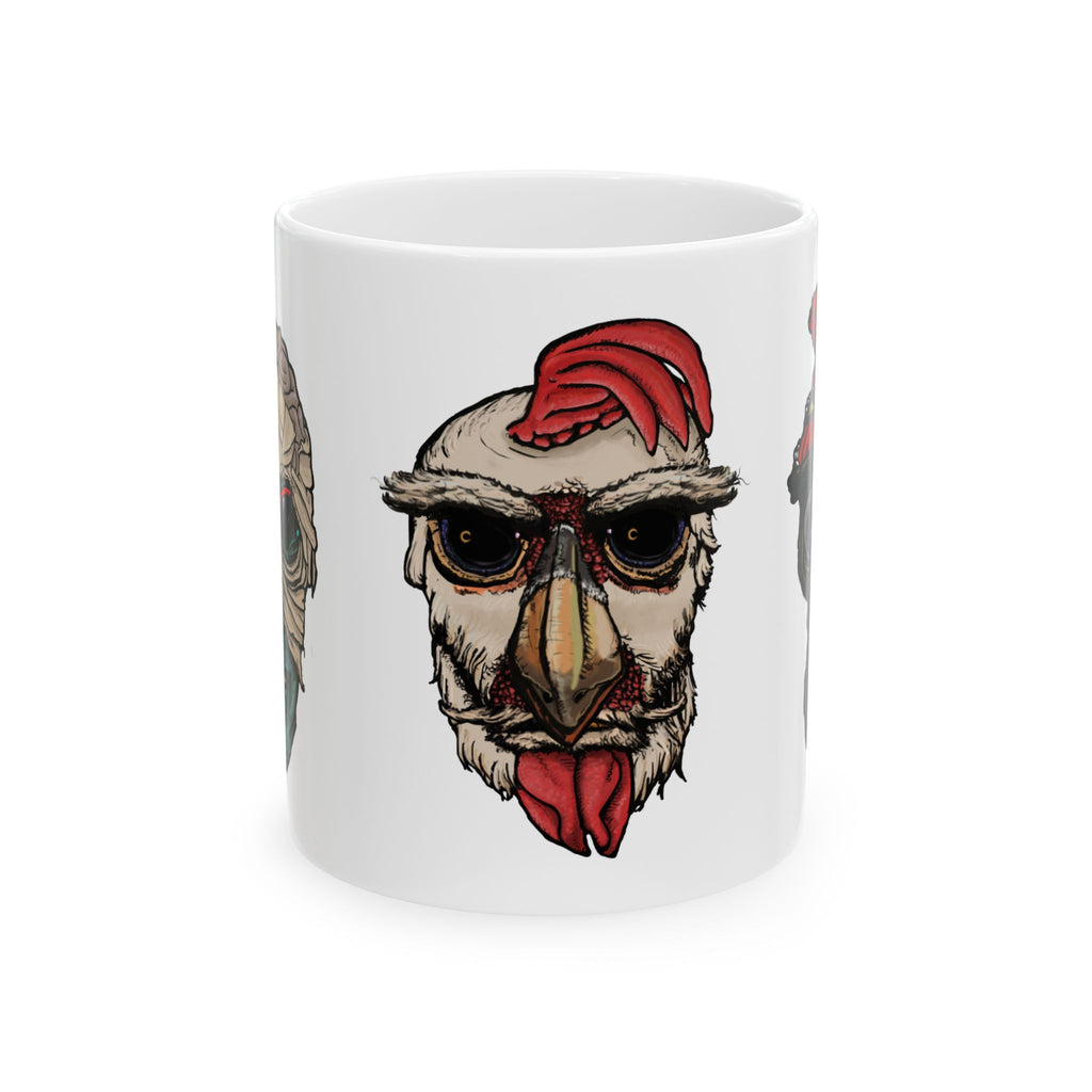Freaky Features Mummy Chicken Mushroom mug showing three monster designs: bandaged mummy with exposed brain, paranoid rooster with sunglasses, and multi-eyed mushroom skull on white ceramic mug


