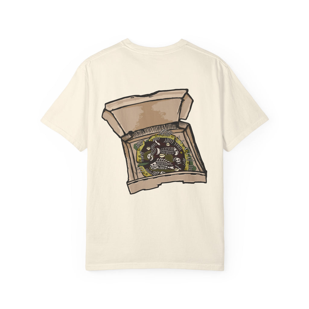 Freaky Features Fishman t-shirt, front shows grotesque fishman with orange eyes and red nose, back shows open pizza box with sewer pizza and skeletons
