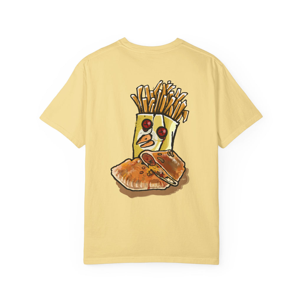 Hand-drawn PizzaBytes Set #4 t-shirt showing a cute blue soda cup monster with heart eyes in front of multiple open pizza boxes from PizzaBytes collection

