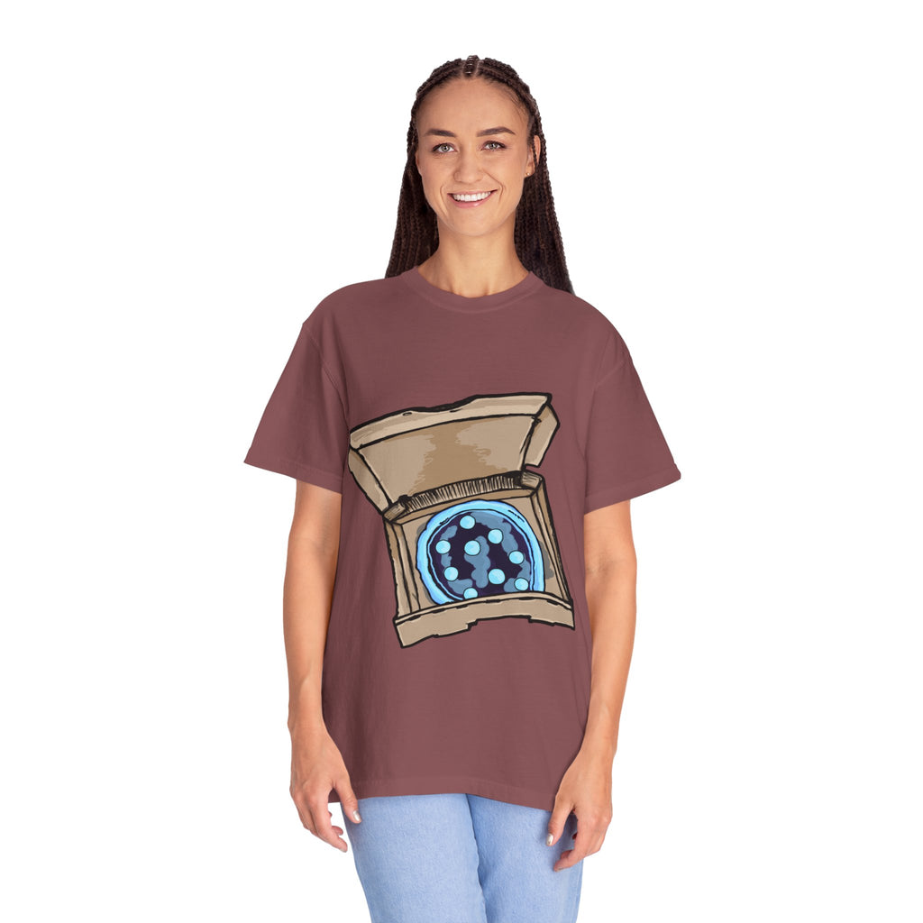 Hand-drawn ice pizza box t-shirt showing open pizza box with glowing blue ice pizza and floating orbs from PizzaBytes collection

