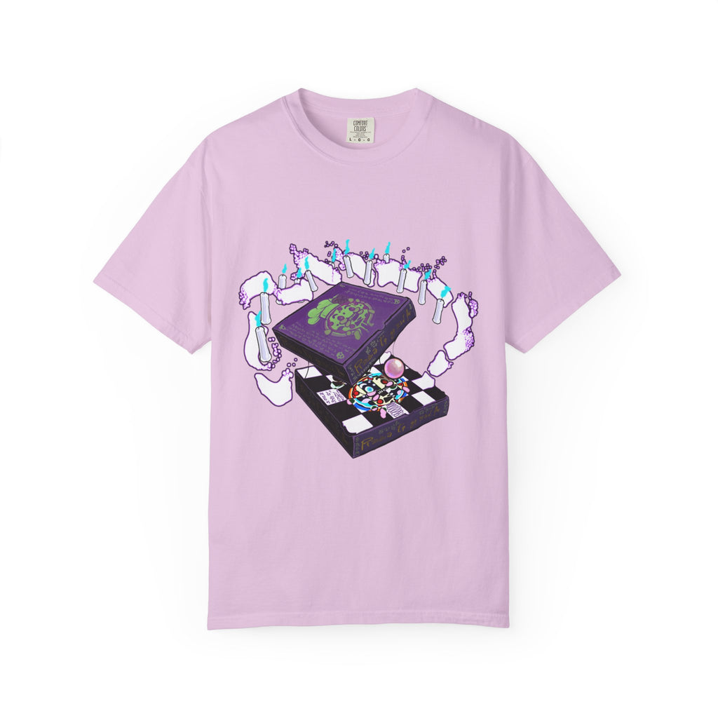 Pizzabytes Mystic Pizza T-shirt, Front, pink, pizzabox, pizza delivery, pizza, mystic, undead, horror