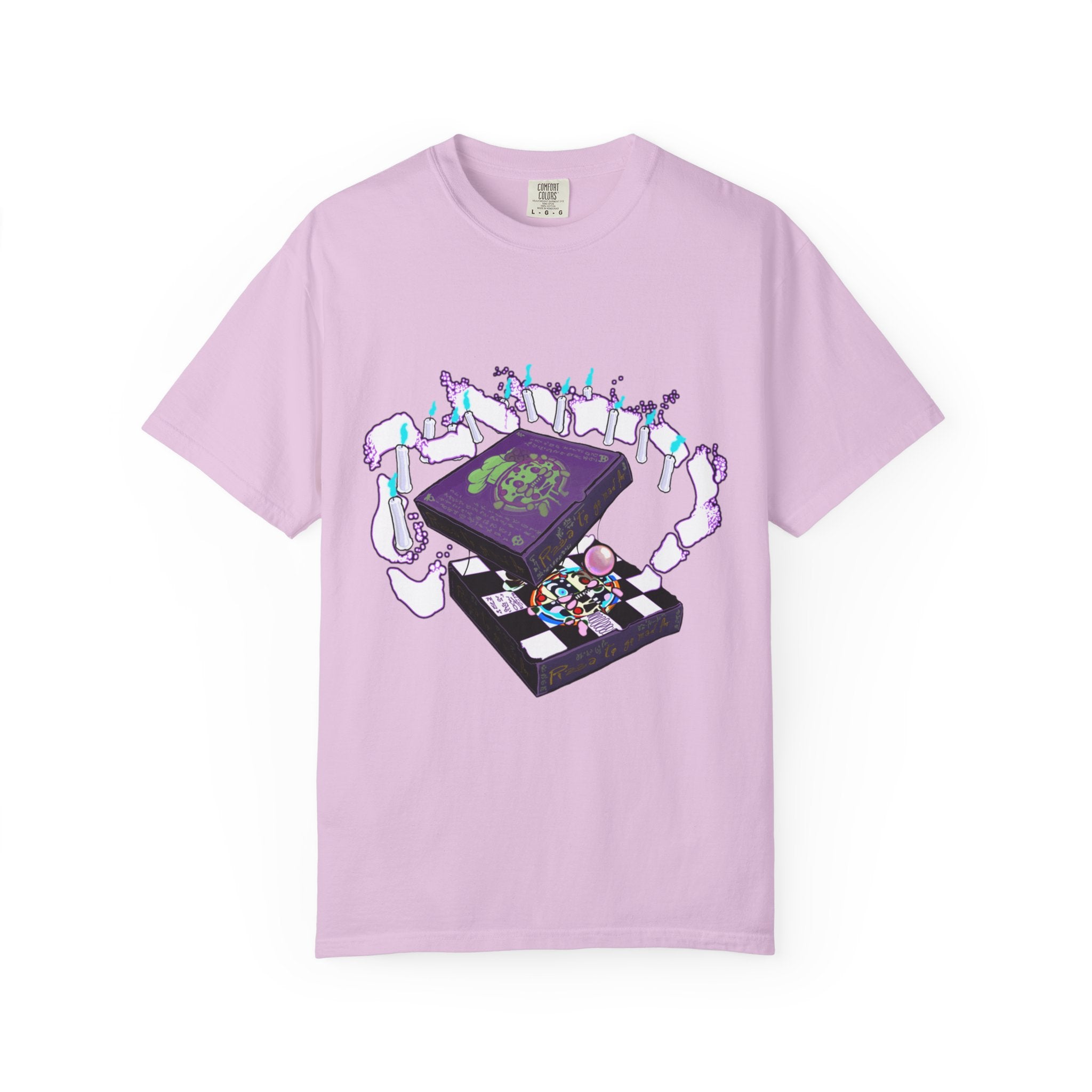 Pizzabytes Mystic Pizza T-shirt, Front, pink, pizzabox, pizza delivery, pizza, mystic, undead, horror