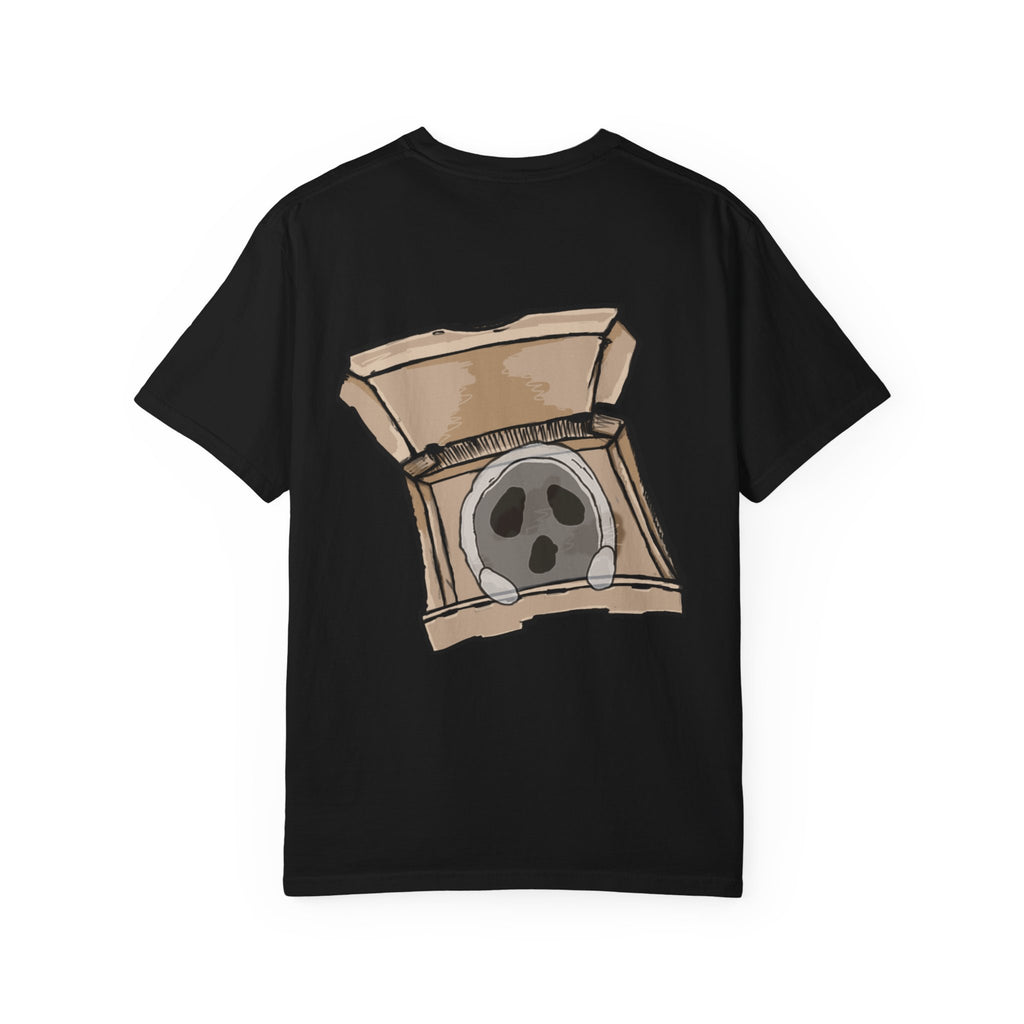 Freaky Features Ghost t-shirt, front shows creepy ghost hood with weapons and screaming eye mouth, back shows open pizza box with floating ghost face

