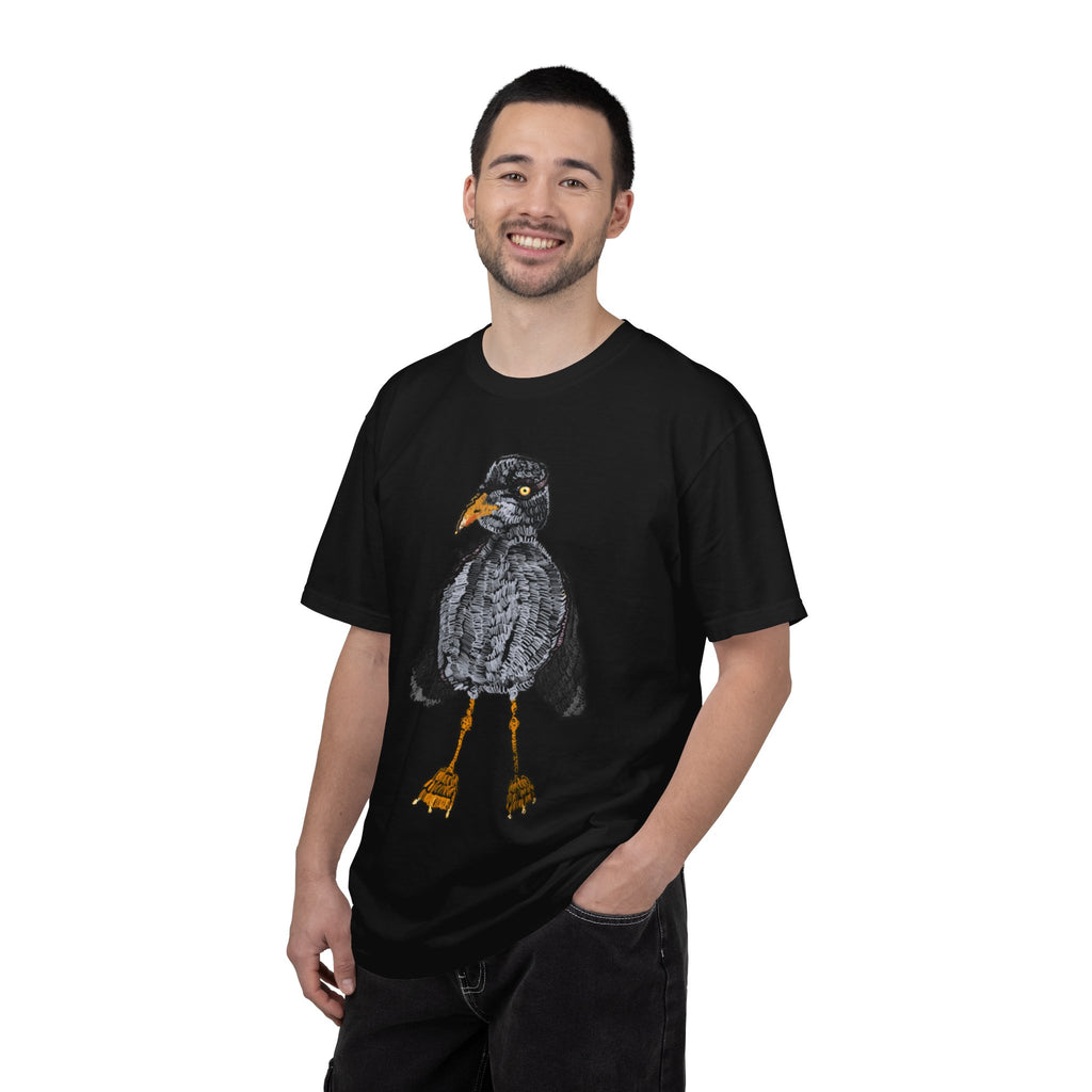 Hand-drawn crocheted staring seagull t-shirt with textured feathers, intense yellow eye and orange legs on Comfort Colors tee from PizzaBytes collection
