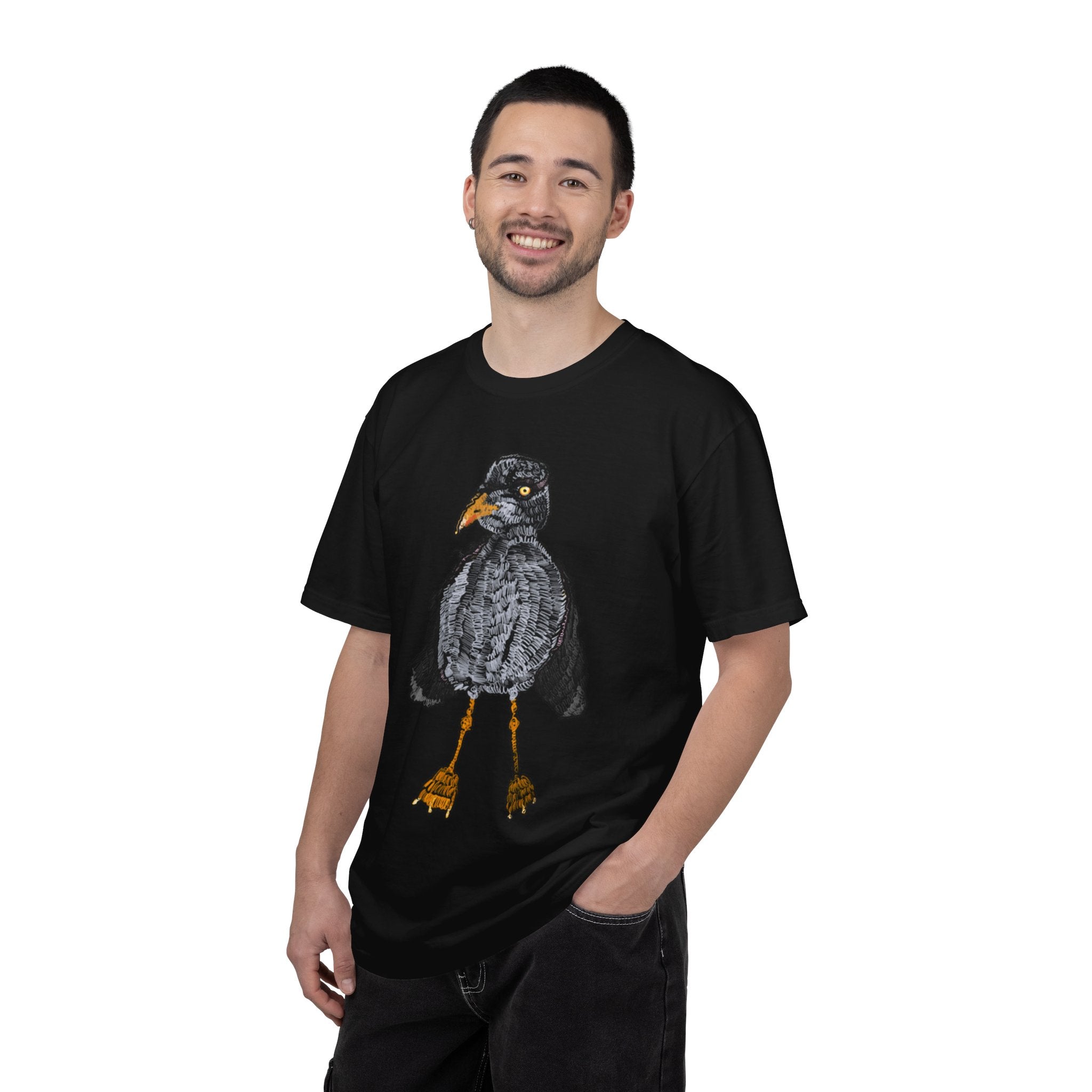 Hand-drawn crocheted staring seagull t-shirt with textured feathers, intense yellow eye and orange legs on Comfort Colors tee from PizzaBytes collection
