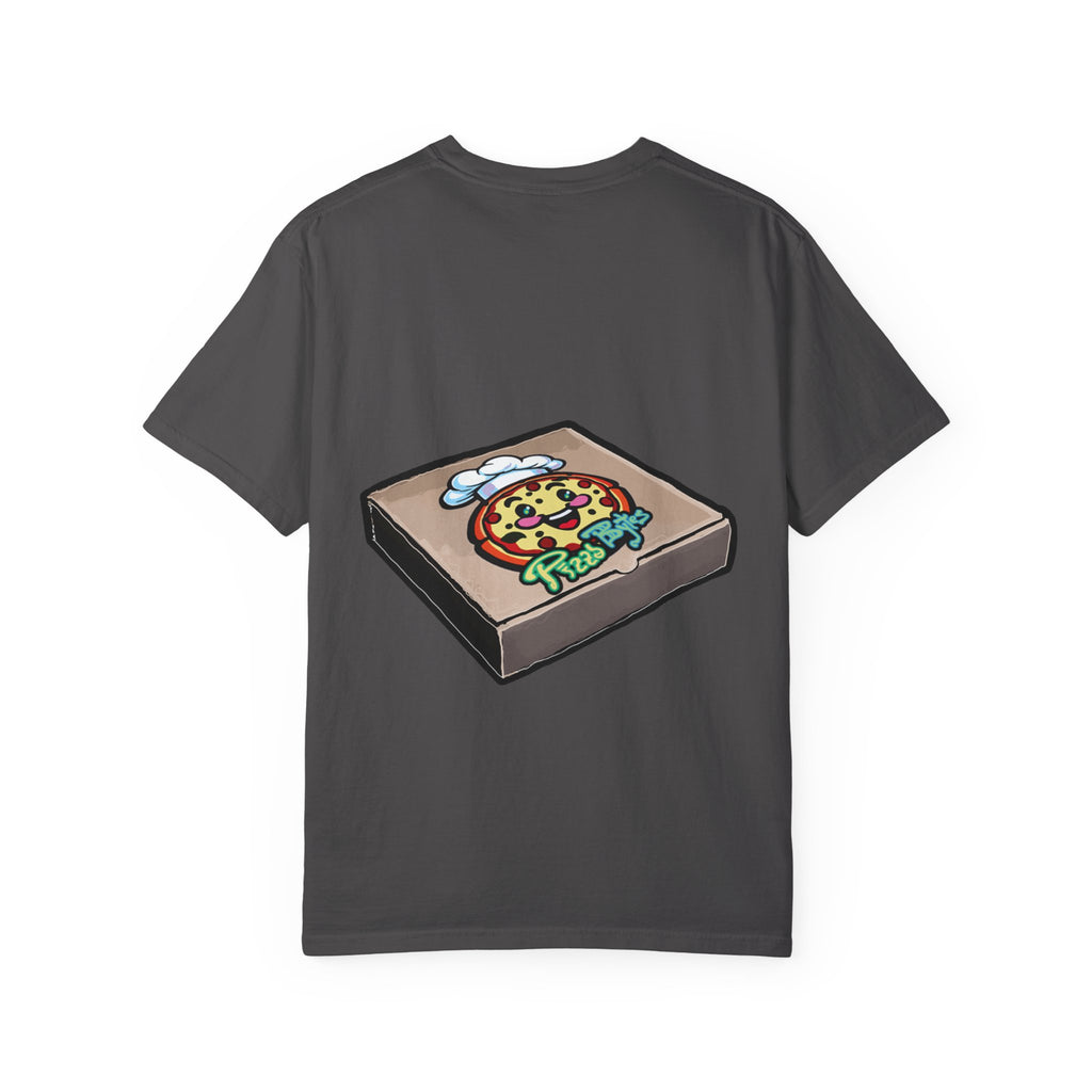 Hand-drawn toxic pizza stack t-shirt with glowing green pizza character and slimy tentacle on tee from PizzaBytes collection