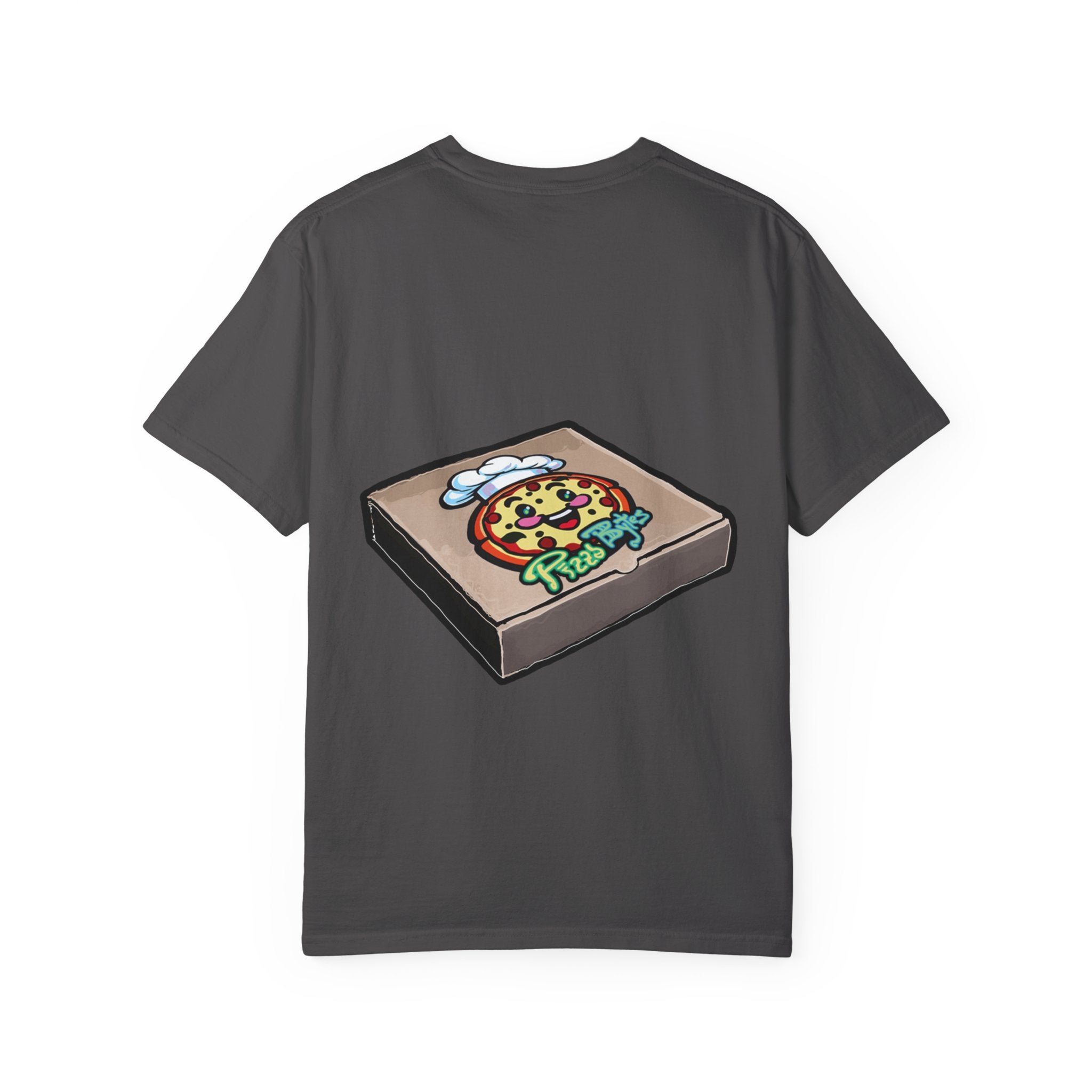Hand-drawn toxic pizza stack t-shirt with glowing green pizza character and slimy tentacle on tee from PizzaBytes collection