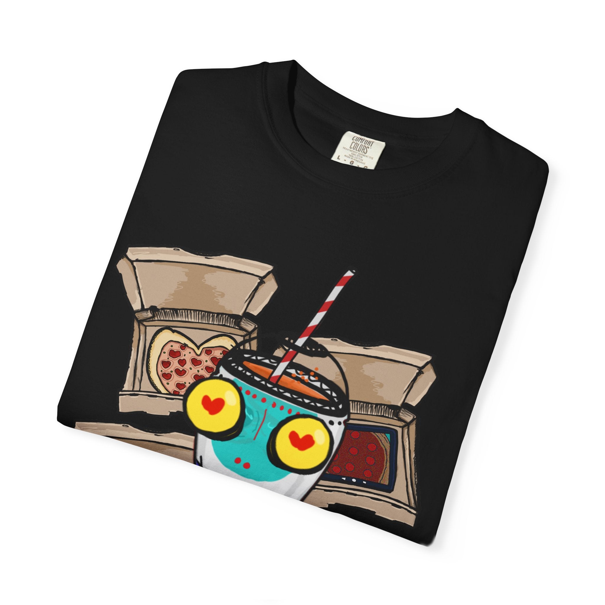 Hand-drawn PizzaBytes Set #4 t-shirt showing a cute blue soda cup monster with heart eyes in front of multiple open pizza boxes from PizzaBytes collection

