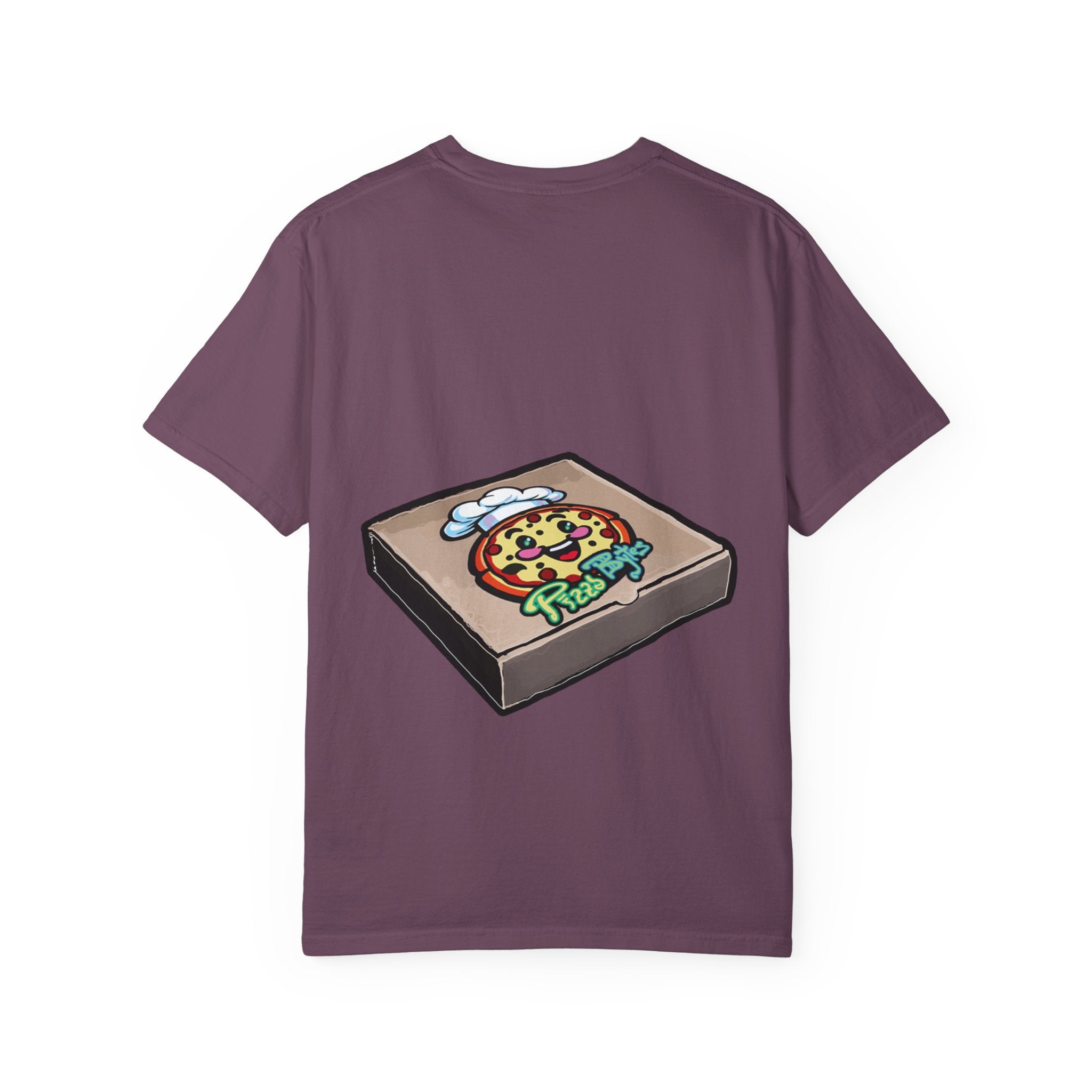 Hand-drawn donut pizza box t-shirt showing open pizza box with chocolate glazed donut from PizzaBytes collection

