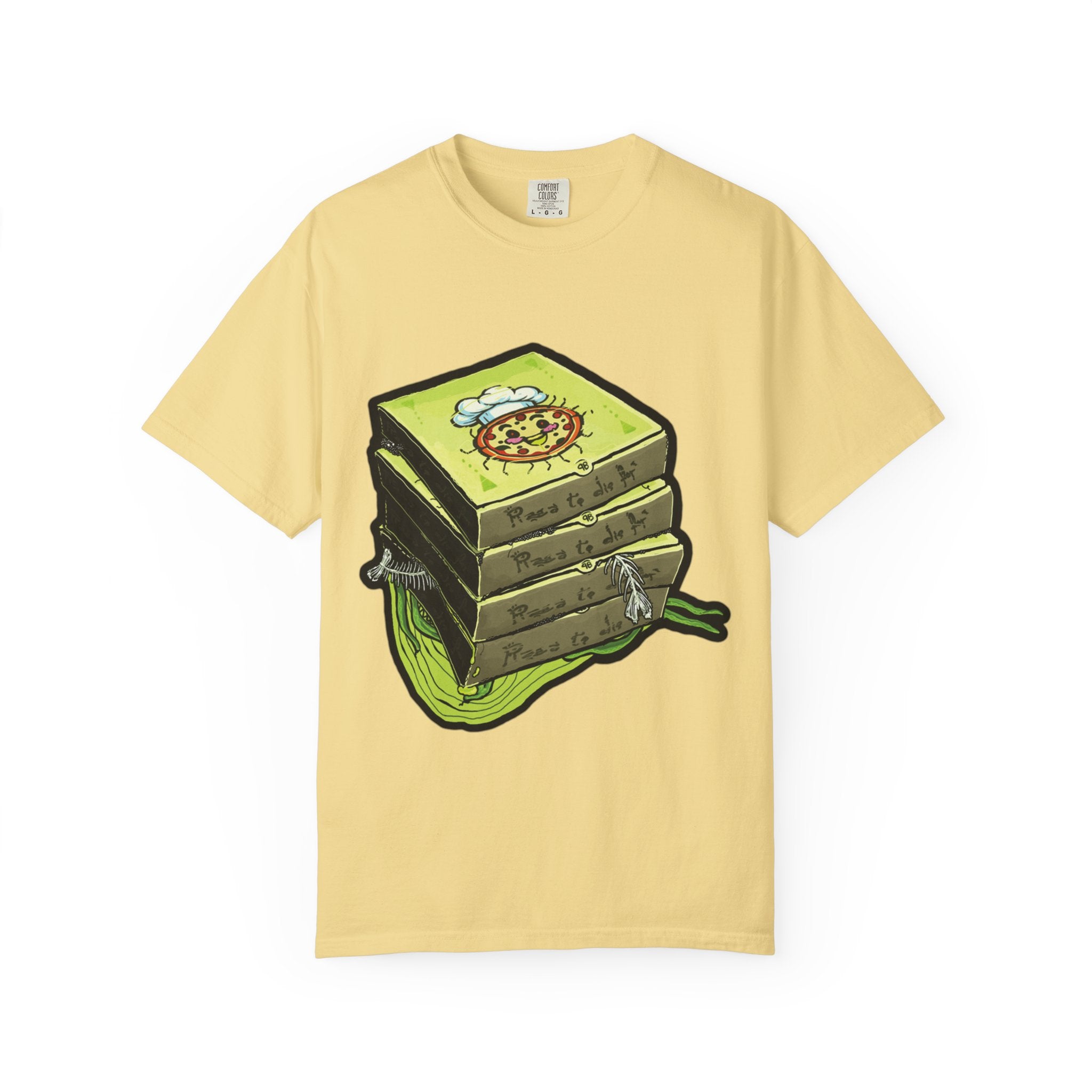 Hand-drawn toxic pizza stack t-shirt with glowing green pizza character and slimy tentacle on tee from PizzaBytes collection