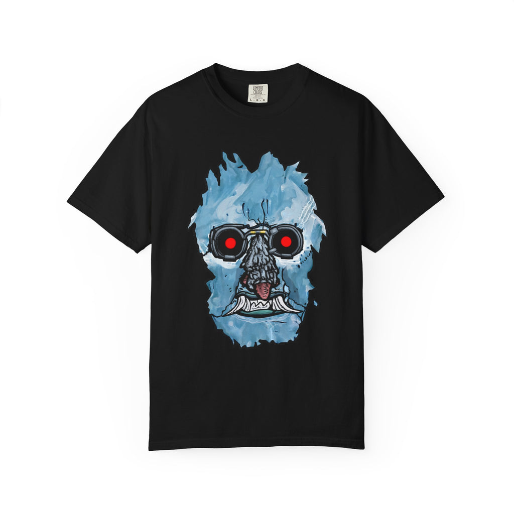Freaky Features Iceman t-shirt, front shows frozen ice monster head with red goggles and fangs, back shows open pizza box with ice pizza inside
