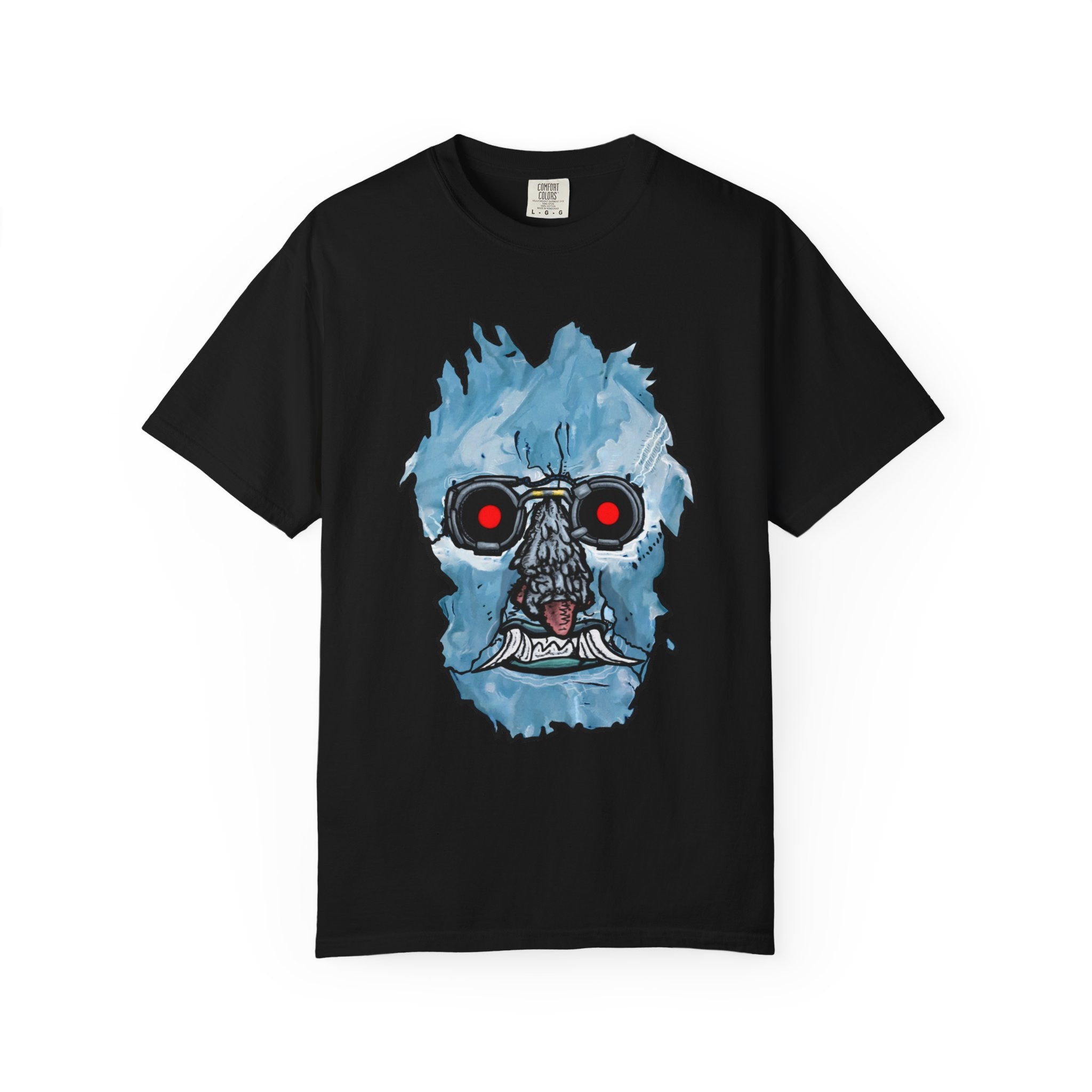 Freaky Features Iceman t-shirt, front shows frozen ice monster head with red goggles and fangs, back shows open pizza box with ice pizza inside
