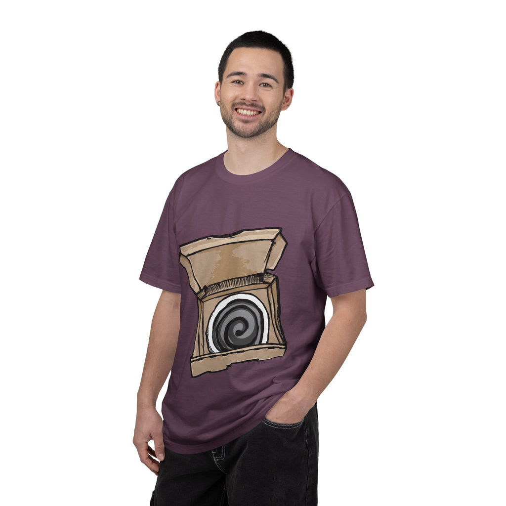 Hand-drawn swirl hypno pizza box t-shirt showing open pizza box with hypnotic spiral pattern from PizzaBytes collection
