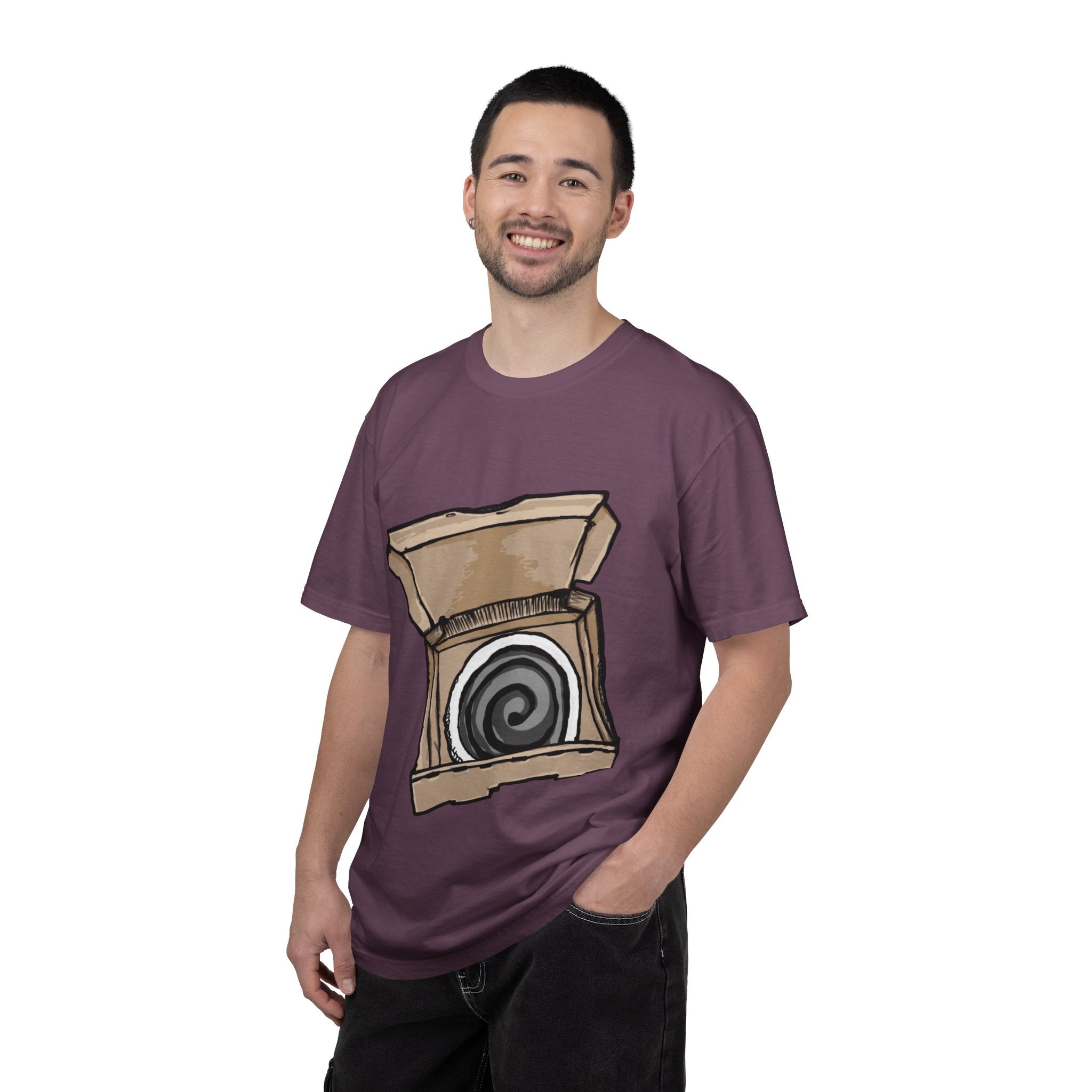 Hand-drawn swirl hypno pizza box t-shirt showing open pizza box with hypnotic spiral pattern from PizzaBytes collection
