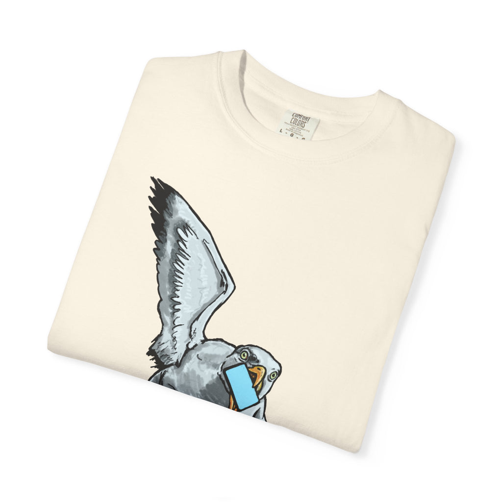 Hand-drawn pizza-stealing seagull monster t-shirt, outstretched wings and purple legs on tee from PizzaBytes collection