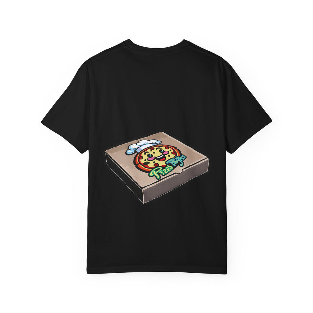 Hand-drawn spotted pizza owl monster t-shirt with melted cheese spots, pepperoni red markings and big multicolored eye tee from PizzaBytes collection
