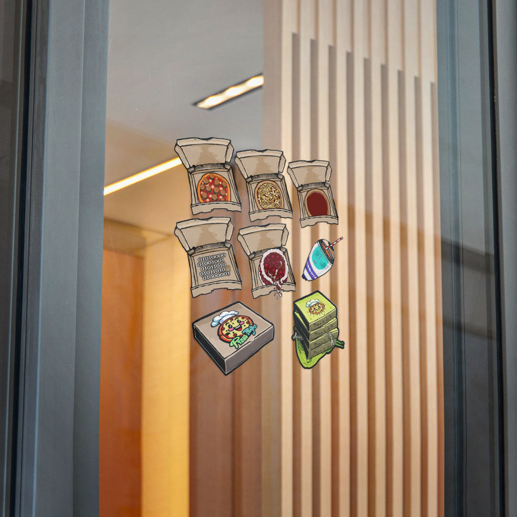 Transparent die-cut sticker set showing 9 open pizza boxes with weird designs: burger pizza, noodle pizza, melting cake, toxic green stack, gift pizza and more from PizzaBytes Set #4

