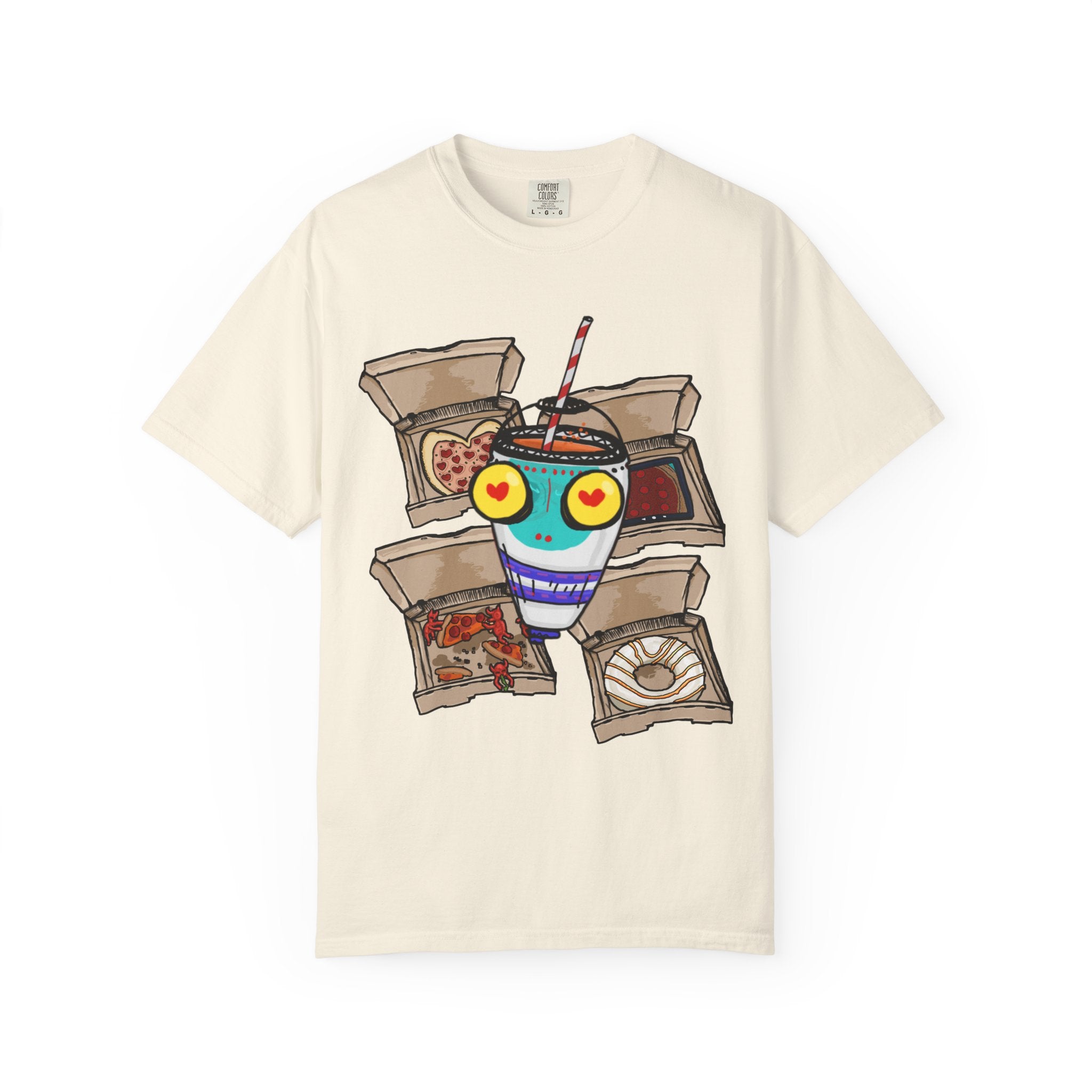 Hand-drawn PizzaBytes Set #4 t-shirt showing a cute blue soda cup monster with heart eyes in front of multiple open pizza boxes from PizzaBytes collection

