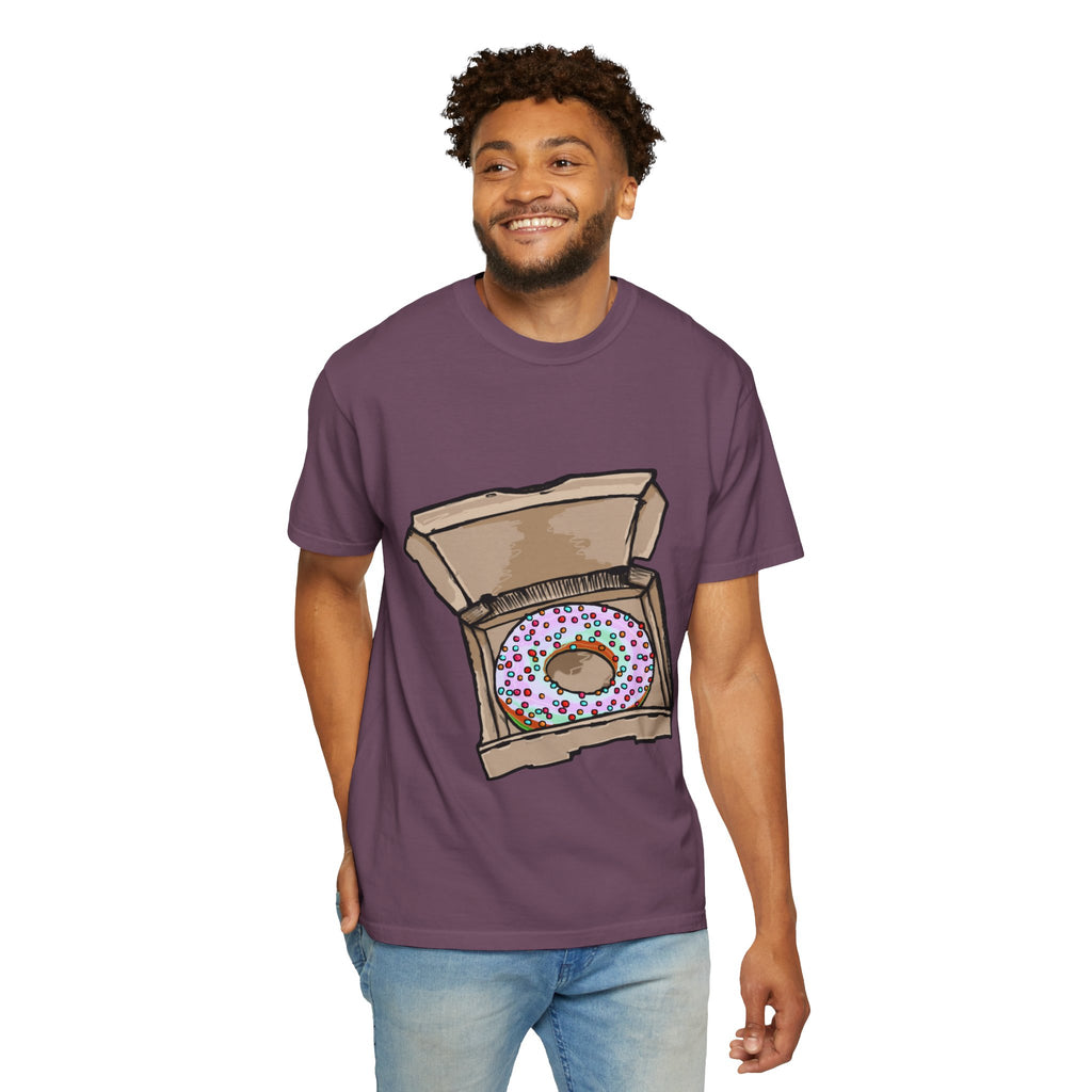 Hand-drawn rainbow donut pizza box t-shirt showing open pizza box with a colorful sprinkle donut from PizzaBytes collection

