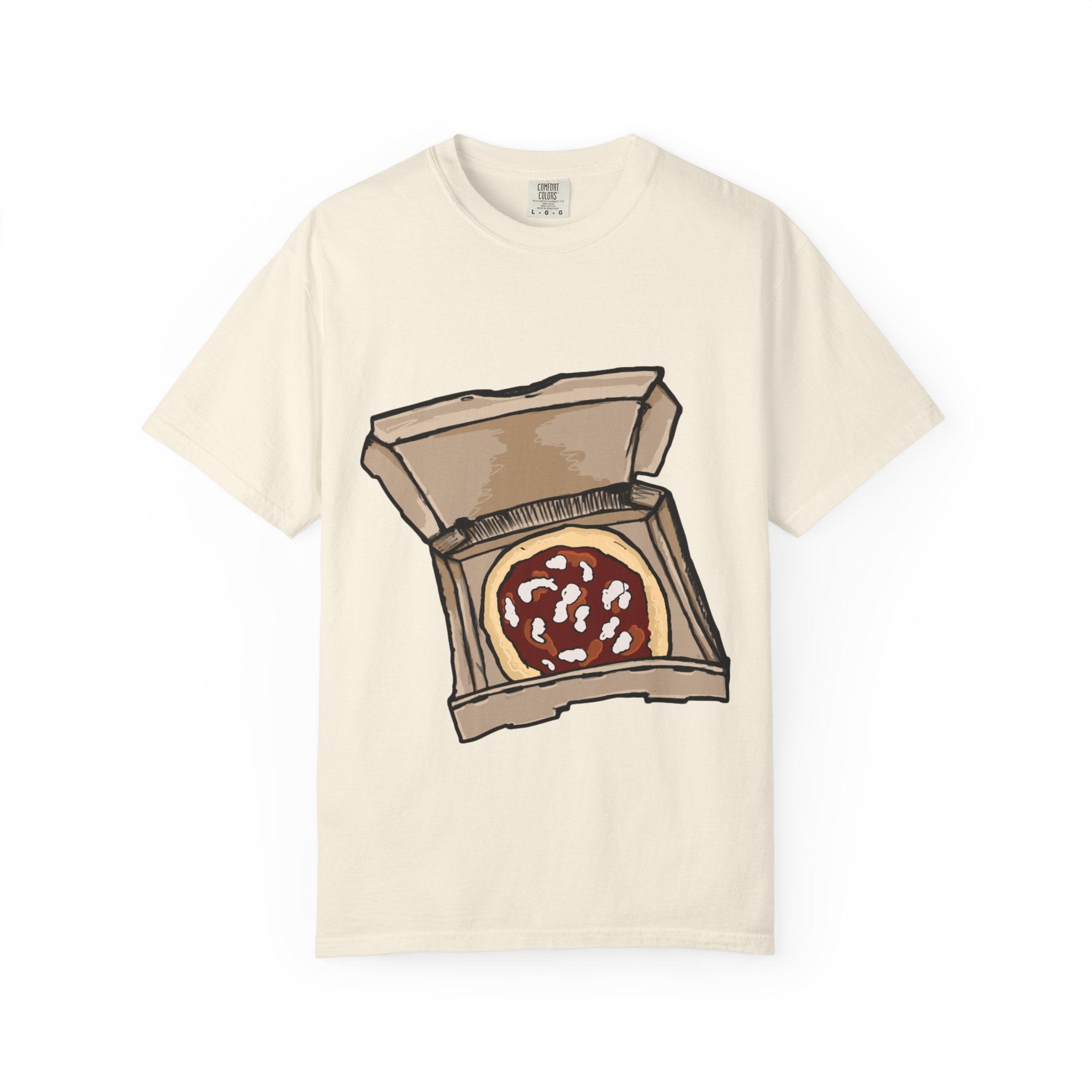 Hand-drawn mozzarella pizza box t-shirt showing open pizza box with red sauce and mozzarella cheese from PizzaBytes collection

