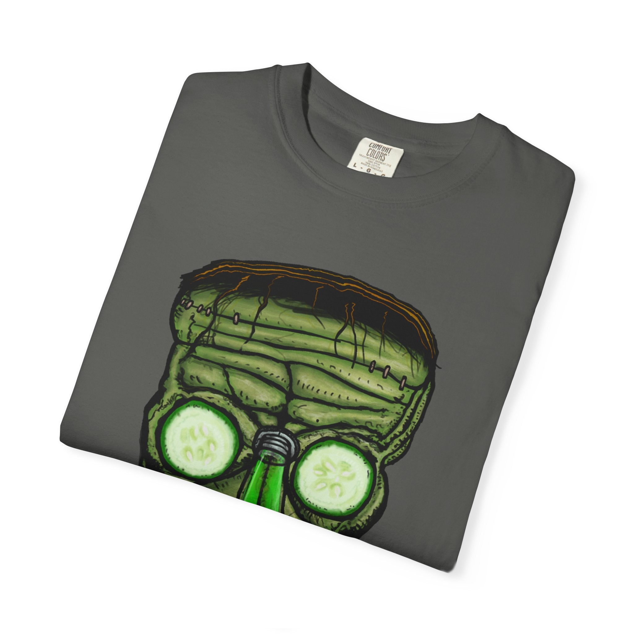 Freaky Features Franky t-shirt, front shows Frankenstein-style monster head with cucumber eyes and poison vial nose, back shows monster-headed pizza box with green pizza frisbee