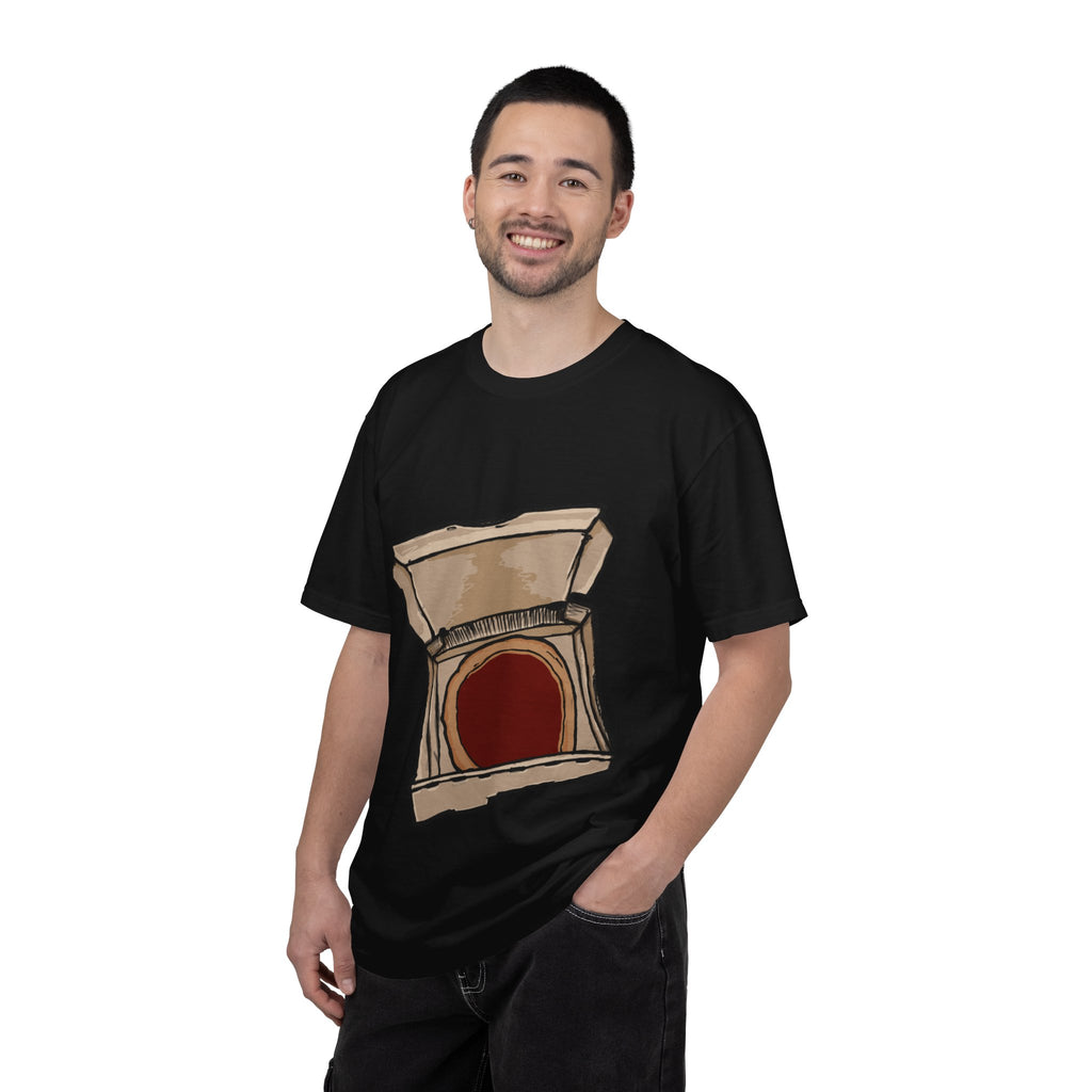 Hand-drawn red sauce pizza box t-shirt showing open pizza box with red sauce pizza from PizzaBytes collection

