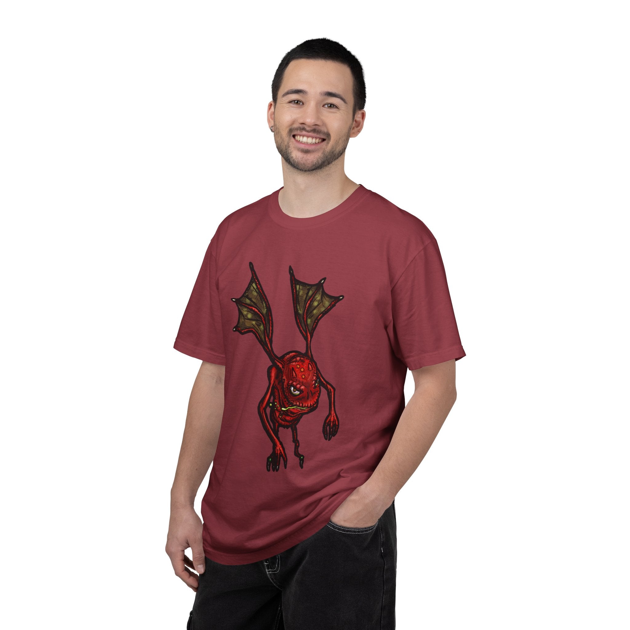 Freaky Features Fire Imp t-shirt, front shows a red bat-winged fire imp, back shows a monster-headed pizza box being raided by little red devils 
