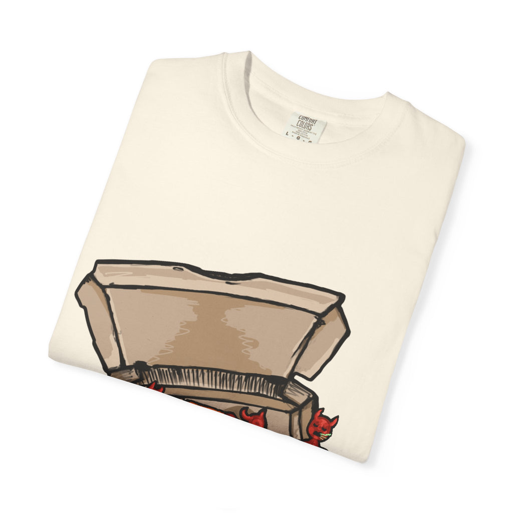Hand-drawn little devils pizza box t-shirt showing open pizza box with cute red devils eating and stealing pepperoni pizza slices from PizzaBytes collection

