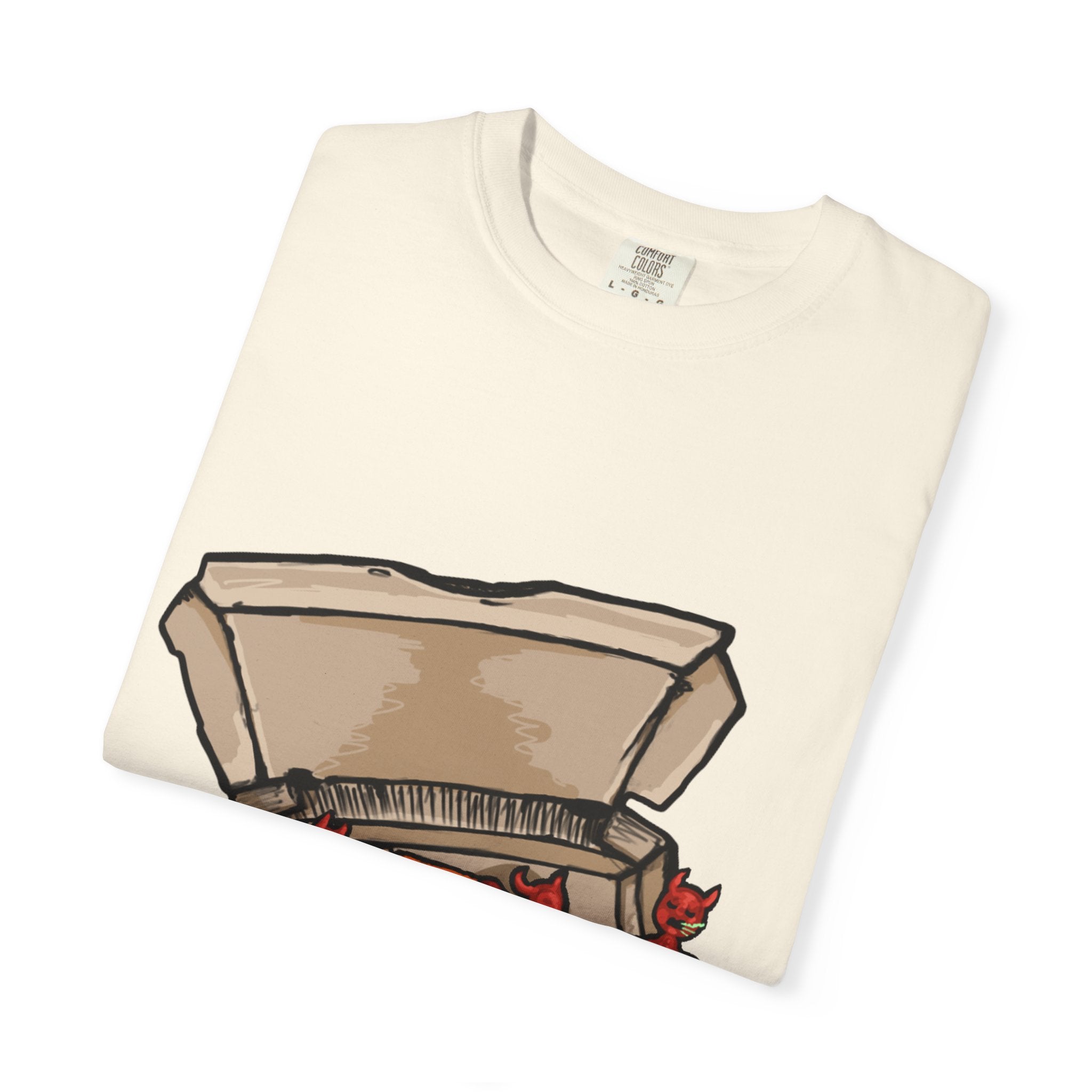 Hand-drawn little devils pizza box t-shirt showing open pizza box with cute red devils eating and stealing pepperoni pizza slices from PizzaBytes collection


