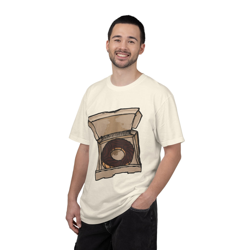 Hand-drawn donut pizza box t-shirt showing open pizza box with chocolate glazed donut from PizzaBytes collection


