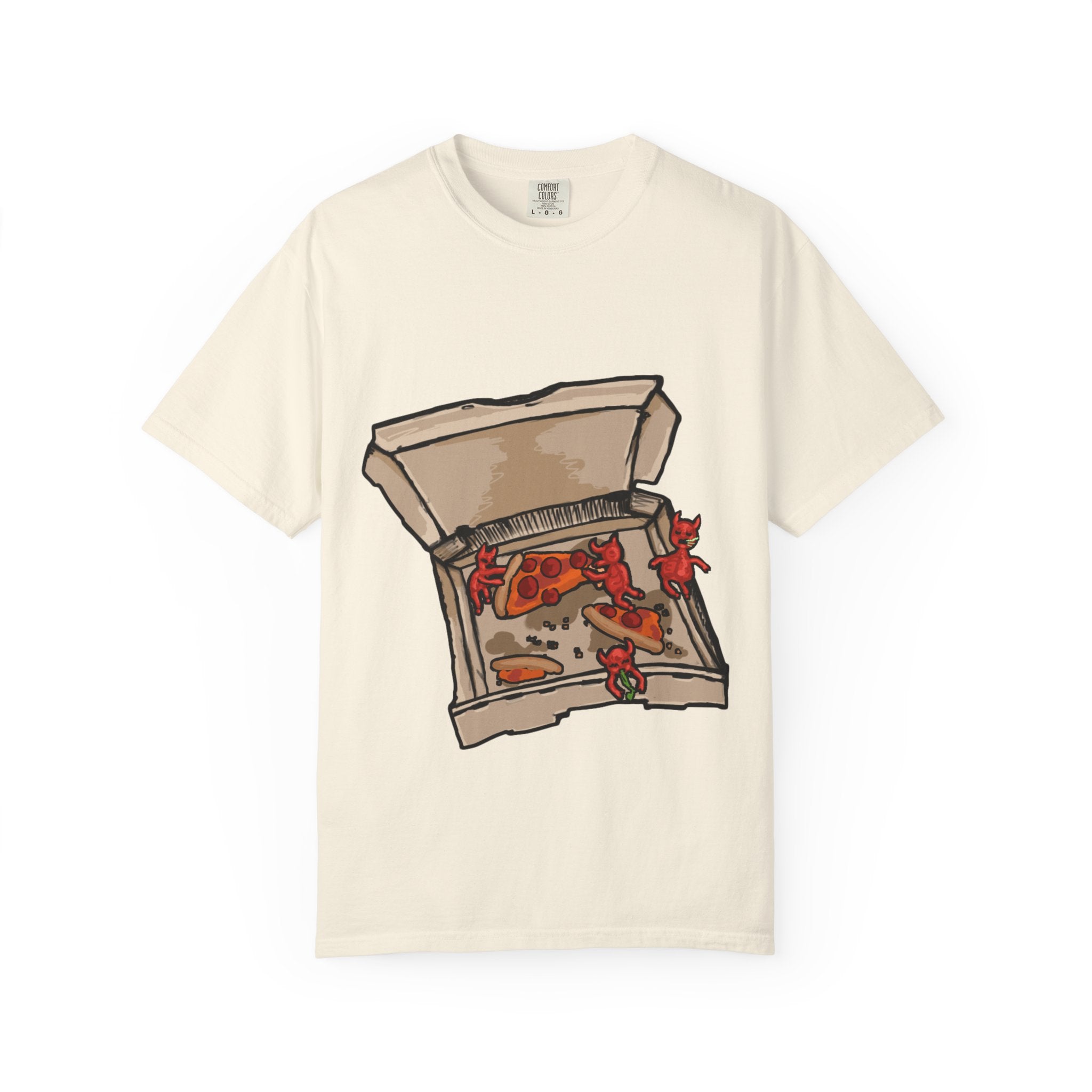 Hand-drawn little devils pizza box t-shirt showing open pizza box with cute red devils eating and stealing pepperoni pizza slices from PizzaBytes collection

