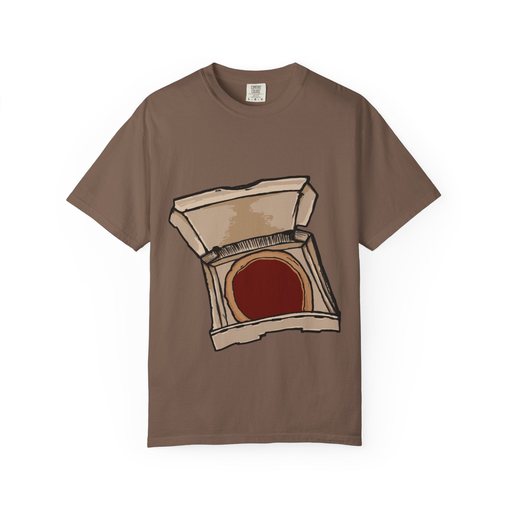 Hand-drawn red sauce pizza box t-shirt showing open pizza box with red sauce pizza from PizzaBytes collection

