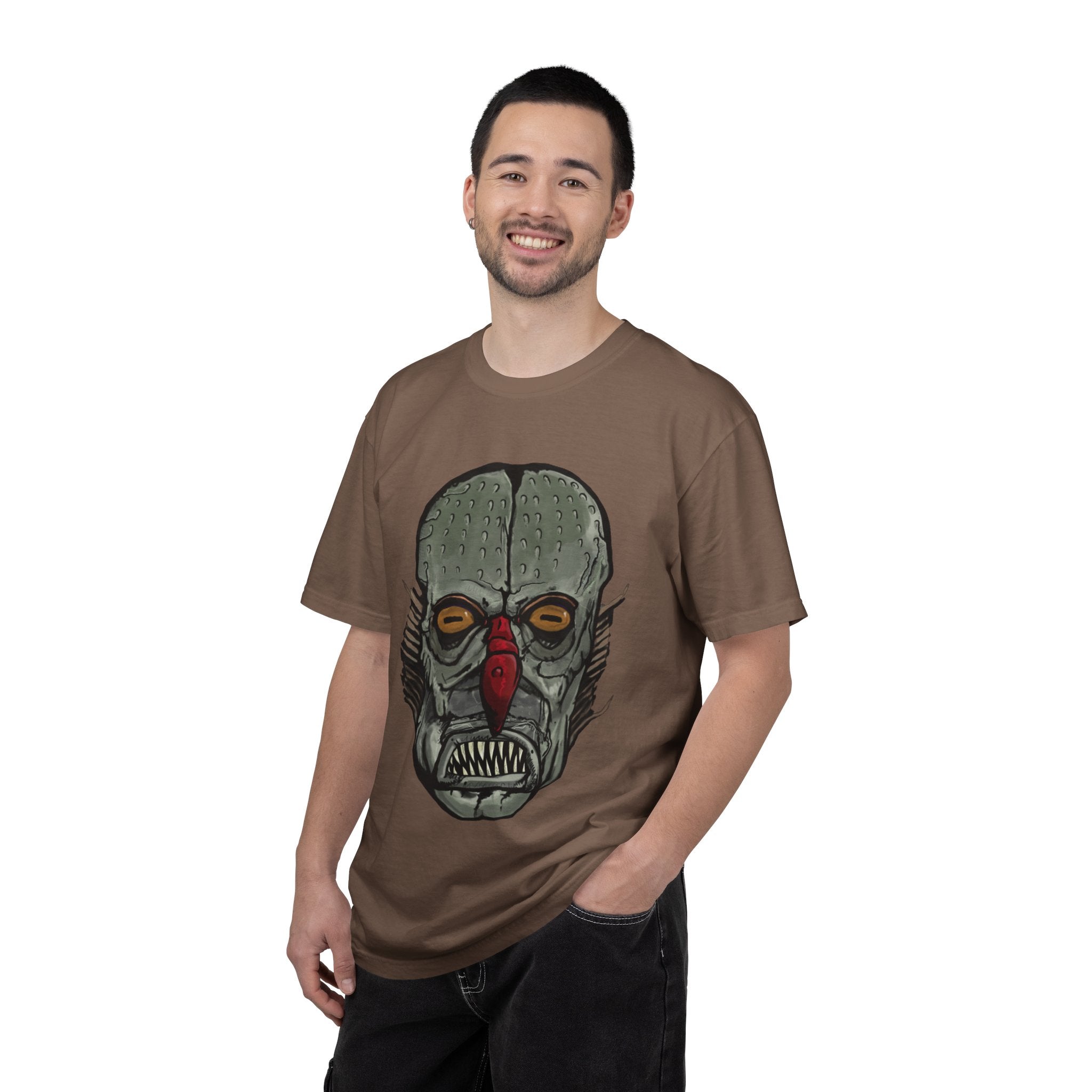 Freaky Features Fishman t-shirt, front shows grotesque fishman with orange eyes and red nose, back shows open pizza box with sewer pizza and skeletons
