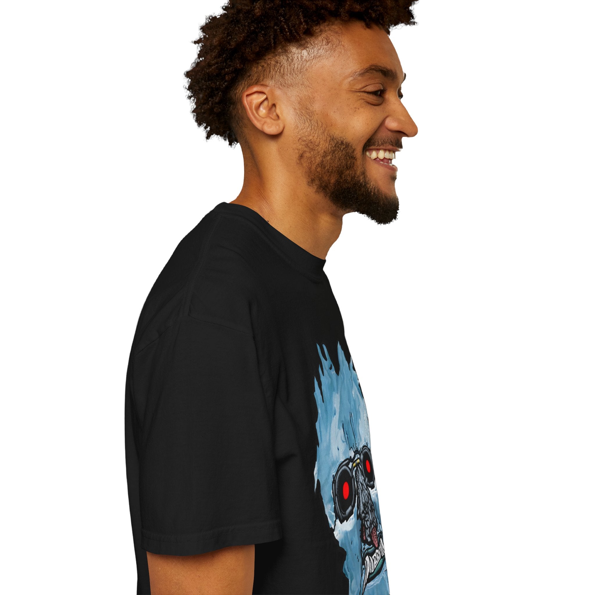 Freaky Features Iceman t-shirt, front shows frozen ice monster head with red goggles and fangs, back shows open pizza box with ice pizza inside

