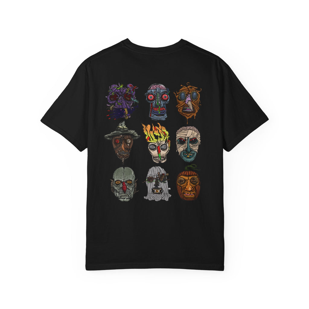 Freaky Features Collective #1 Mirrored t-shirt, front and back show mirrored 3x3 grids of hand-drawn monster heads from the Freaky Features collection
