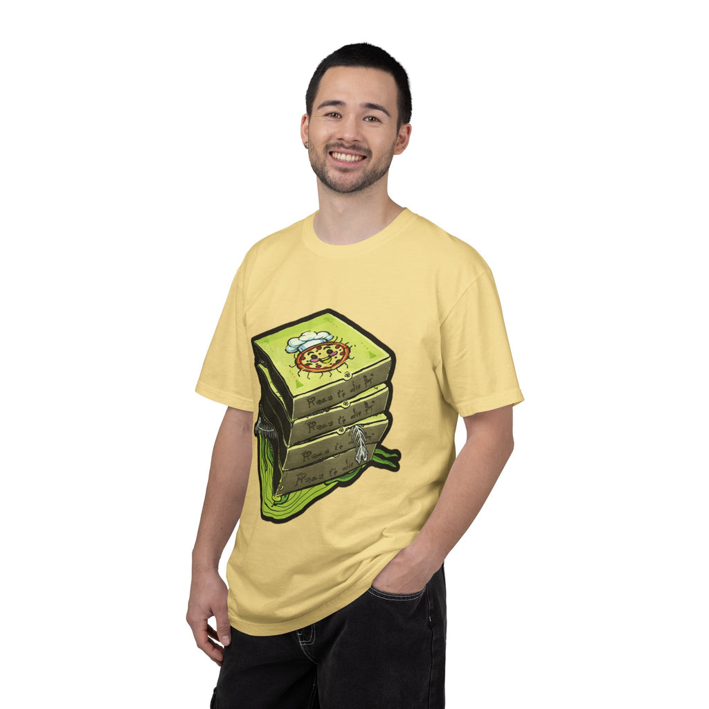 Hand-drawn toxic pizza stack t-shirt with glowing green pizza character and slimy tentacle on tee from PizzaBytes collection