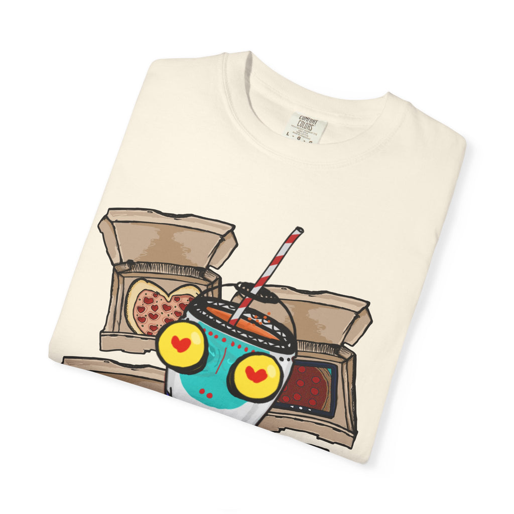 Hand-drawn PizzaBytes Set #4 t-shirt showing a cute blue soda cup monster with heart eyes in front of multiple open pizza boxes from PizzaBytes collection


