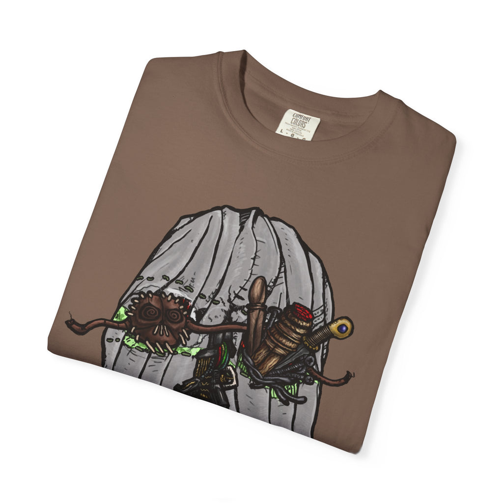 Freaky Features Ghost t-shirt, front shows creepy ghost hood with weapons and screaming eye mouth, back shows open pizza box with floating ghost face
